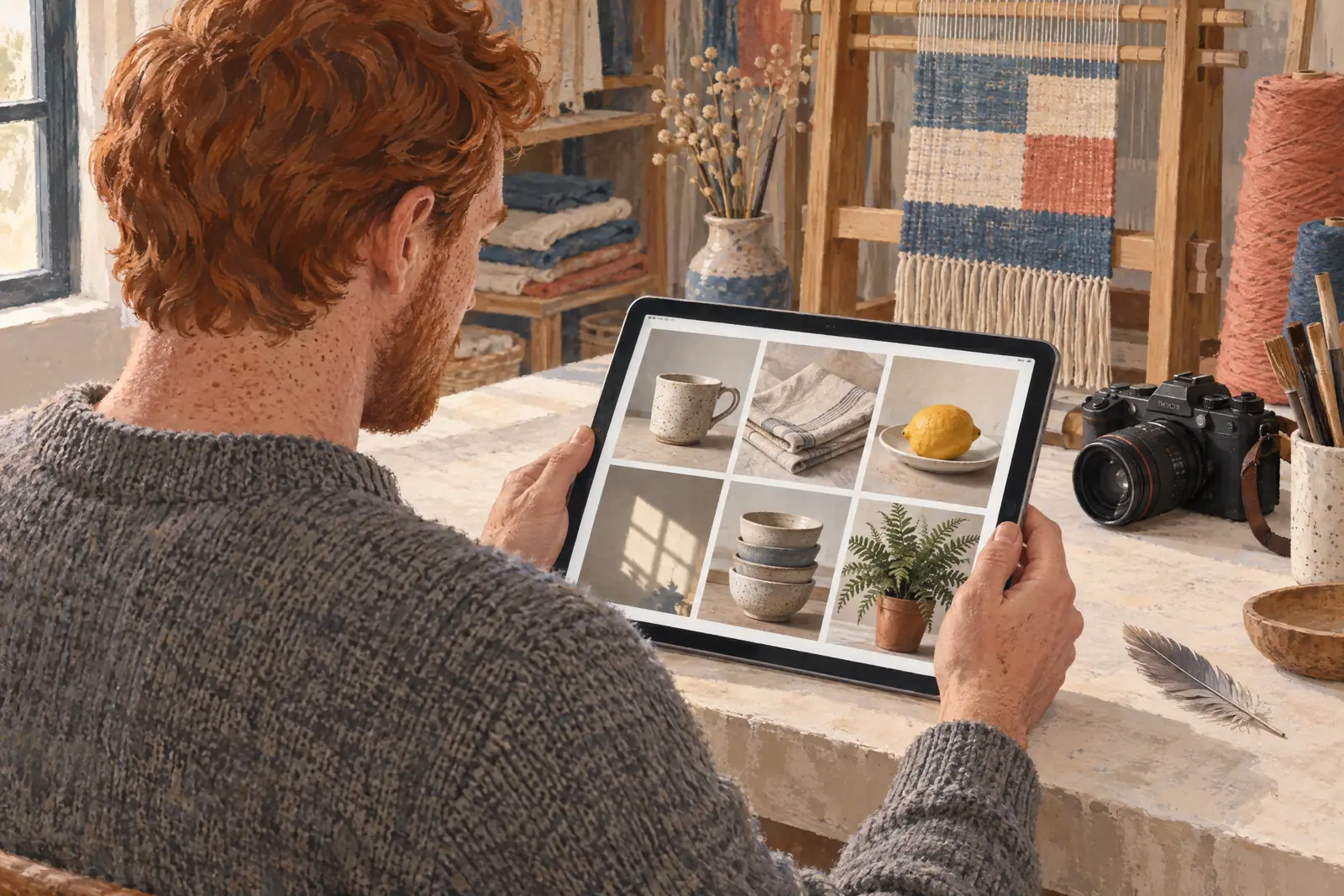 A man in his thirties with red hair and freckles in a heather gray wool sweater at a weave studio looks at a screen showing a photo product for sale, with a gray feather beside them.