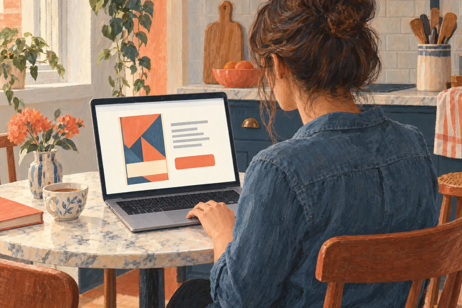 Gouache illustration of an author at a marble cafe table, seen from behind, with her own one-book web store open on a laptop.