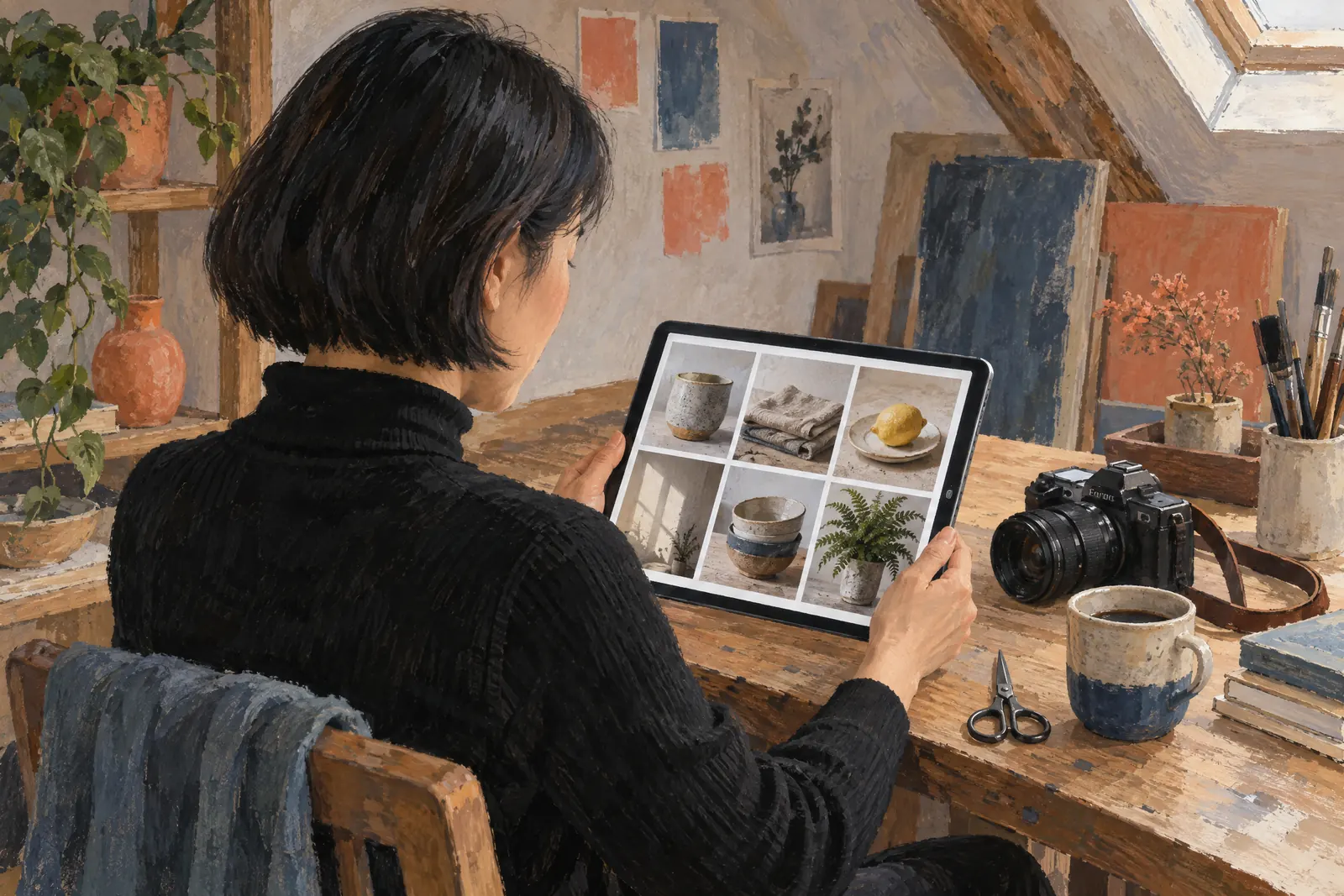 An east asian woman in her forties with a short bob in a black turtleneck at a attic studio looks at a screen showing a photo product for sale, with a pair of small scissors beside them.