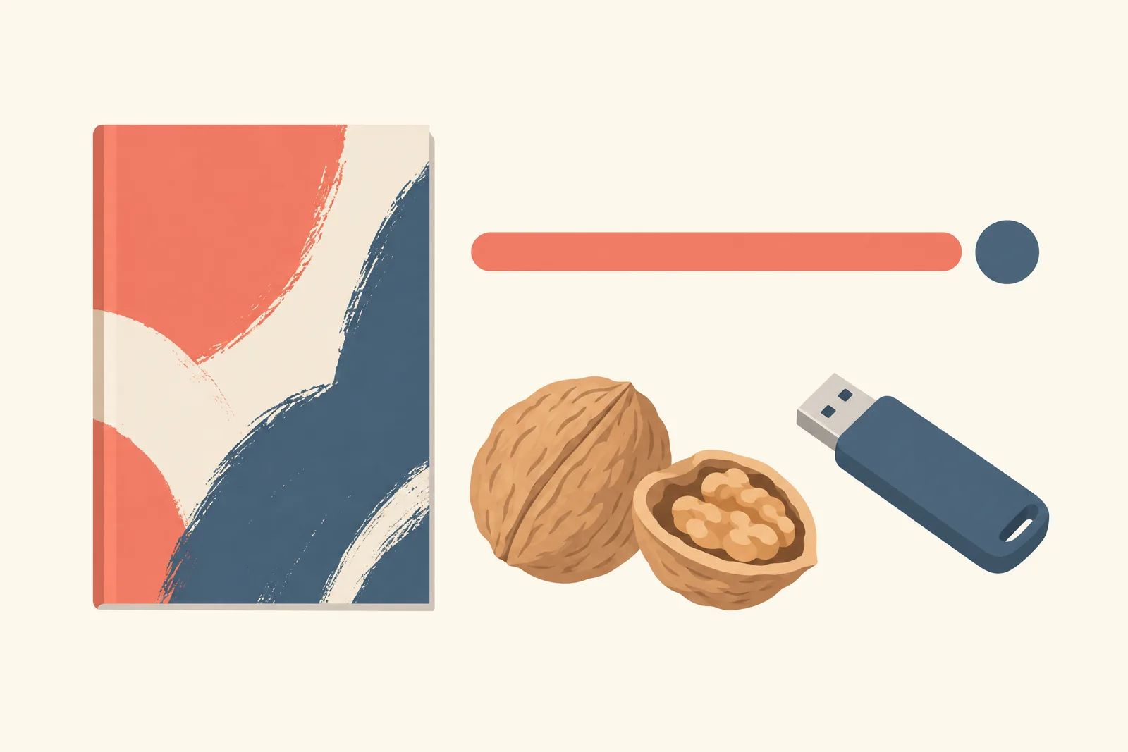 A glass studio still life of a software product arranged with a walnut, in coral, sand, slate, and cream.