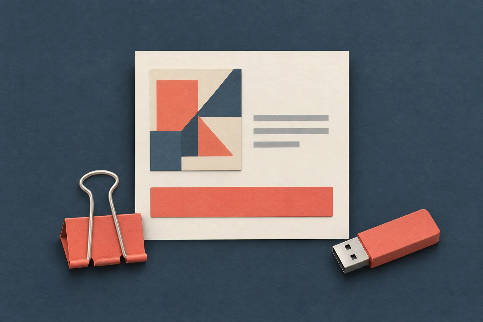 A schoolroom desk still life of a software product arranged with a black binder clip, in coral, sand, slate, and cream.