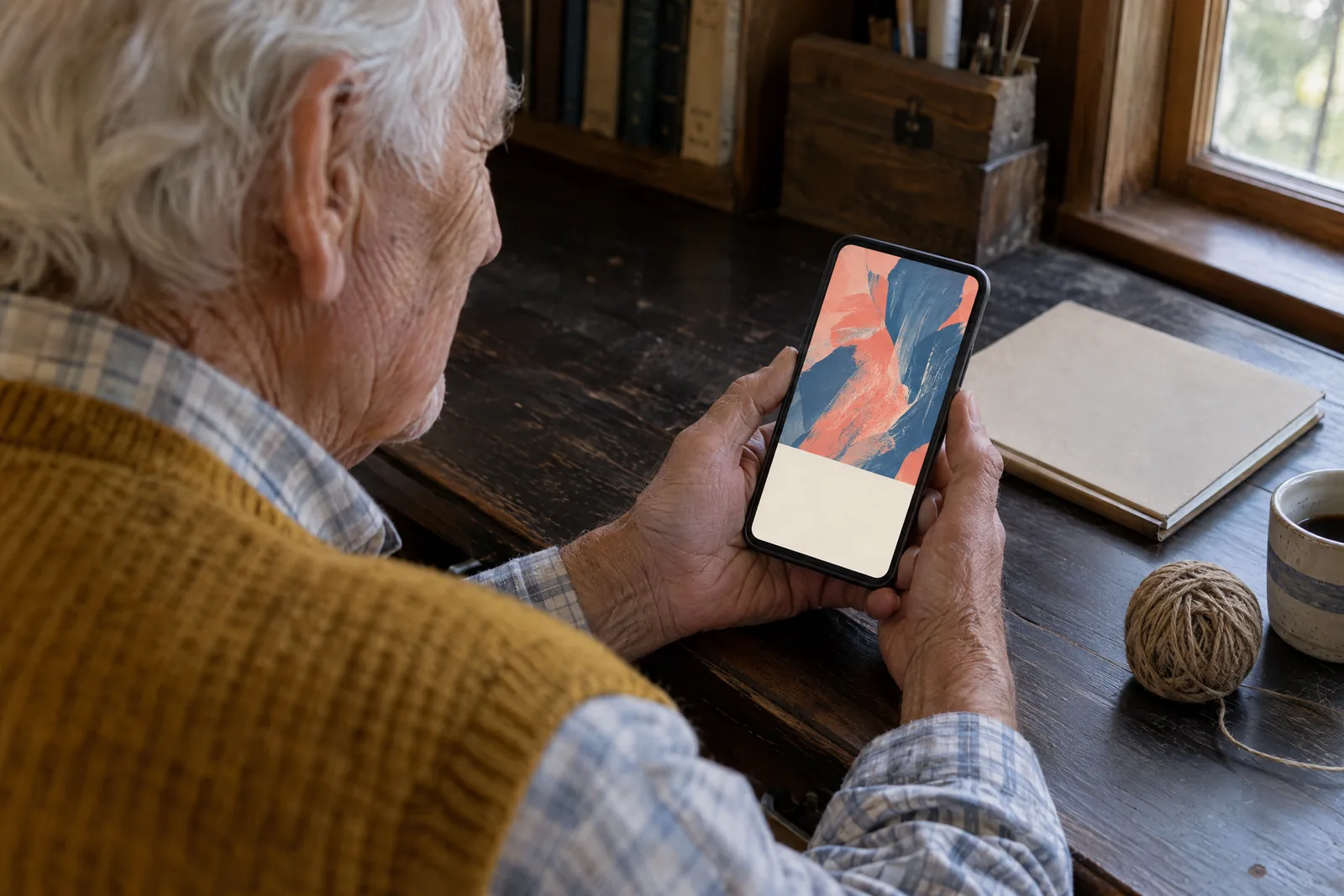 A man in his seventies with white hair in a mustard knit vest at a writing cabin looks at a screen showing a ebook product for sale, with a ball of twine beside them.
