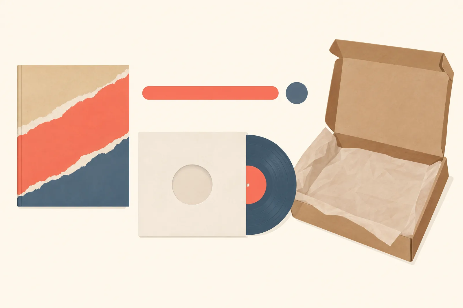 A ink studio still life of a delivery product arranged with a blank vinyl sleeve, in coral, sand, slate, and cream.