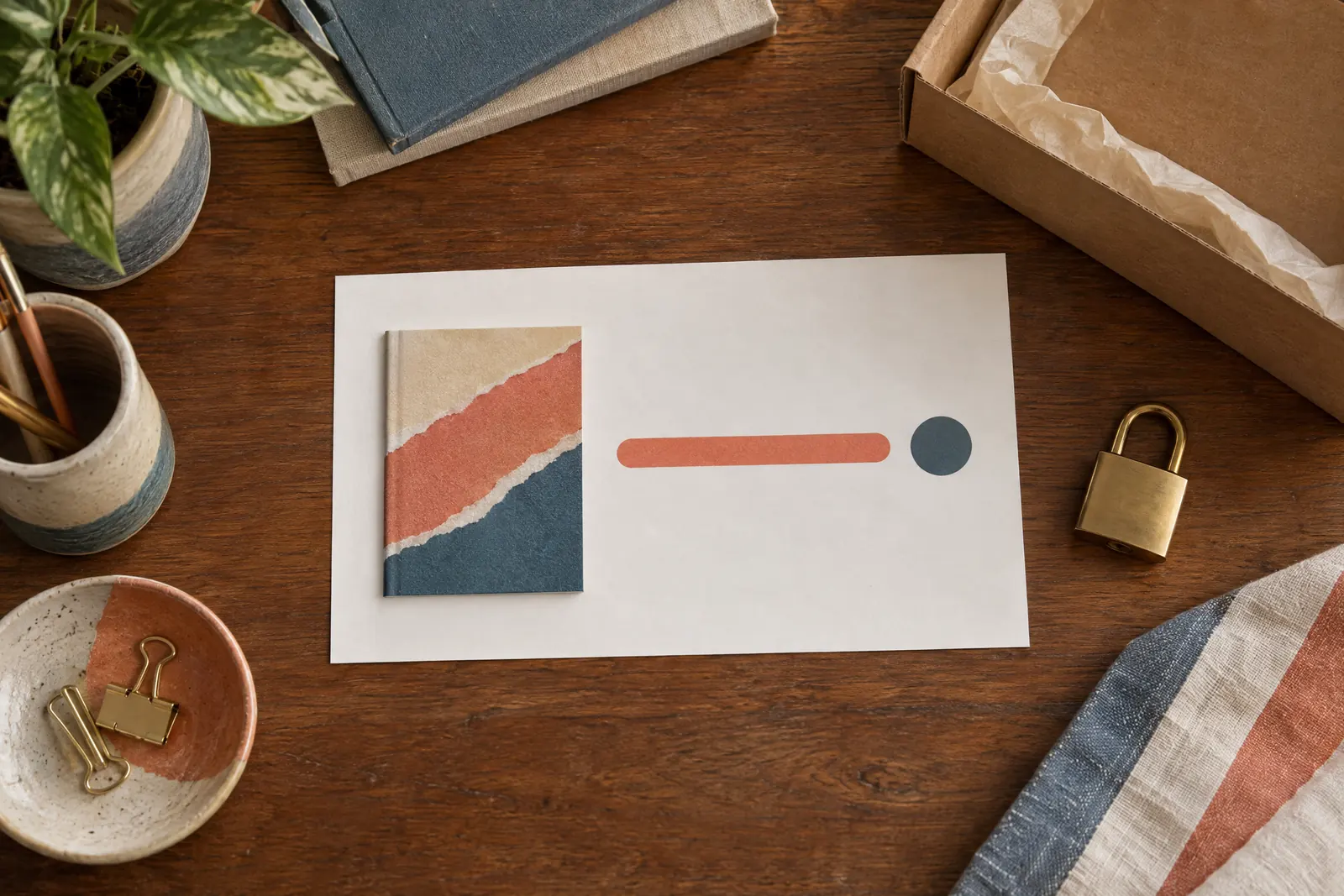 A attic studio still life of a delivery product arranged with a small brass padlock, in coral, sand, slate, and cream.