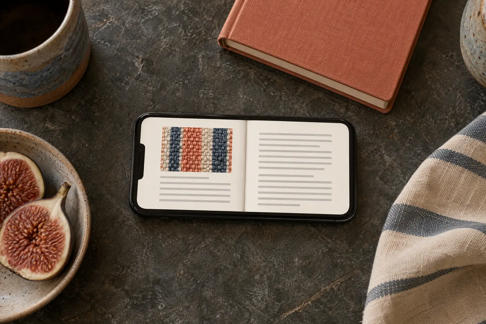 A pottery shed still life of a book product arranged with a split fig, in coral, sand, slate, and cream.