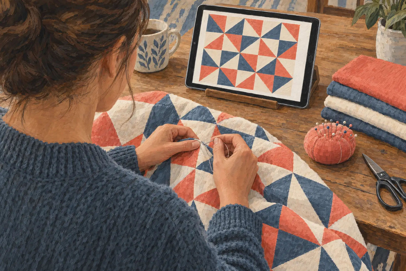 Gouache illustration of hands sewing a quilt whose coral and slate pattern matches the digital pattern shown on a tablet beside it.