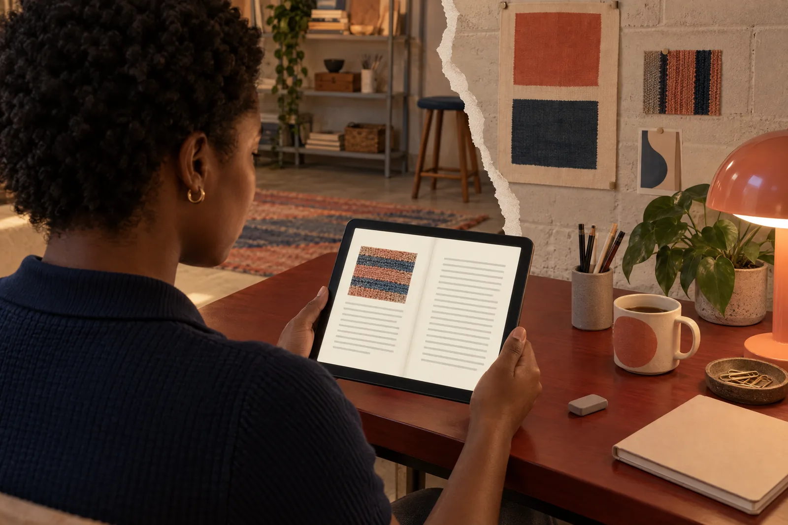 A black woman in her twenties with short natural hair in a navy knit polo at a basement studio looks at a screen showing a book product for sale, with a gray eraser beside them.