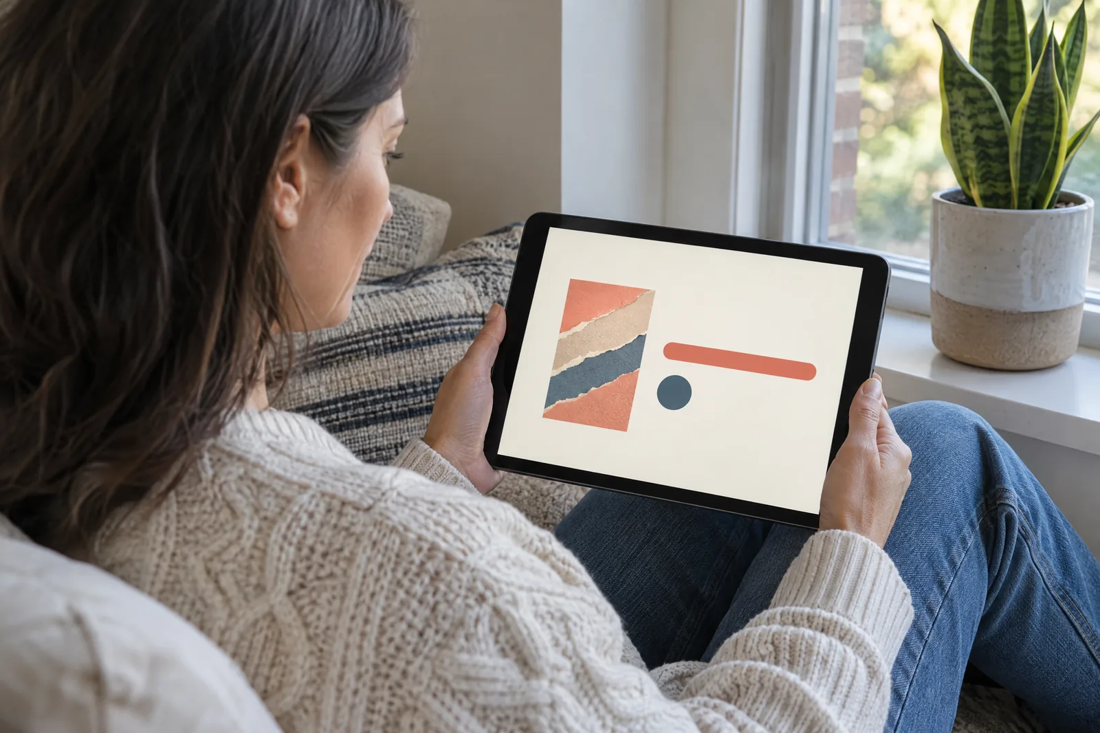 A woman on a window seat holds a tablet showing a finished download card with a torn-paper cover and a full coral progress bar.