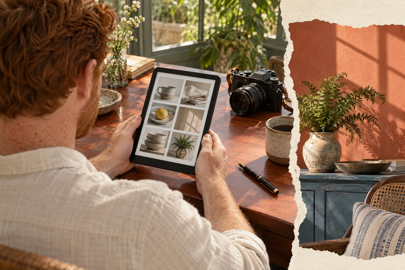 A man in his thirties with red hair and freckles in a cream linen shirt at a conservatory looks at a screen showing a photo product for sale, with a fountain pen beside them.