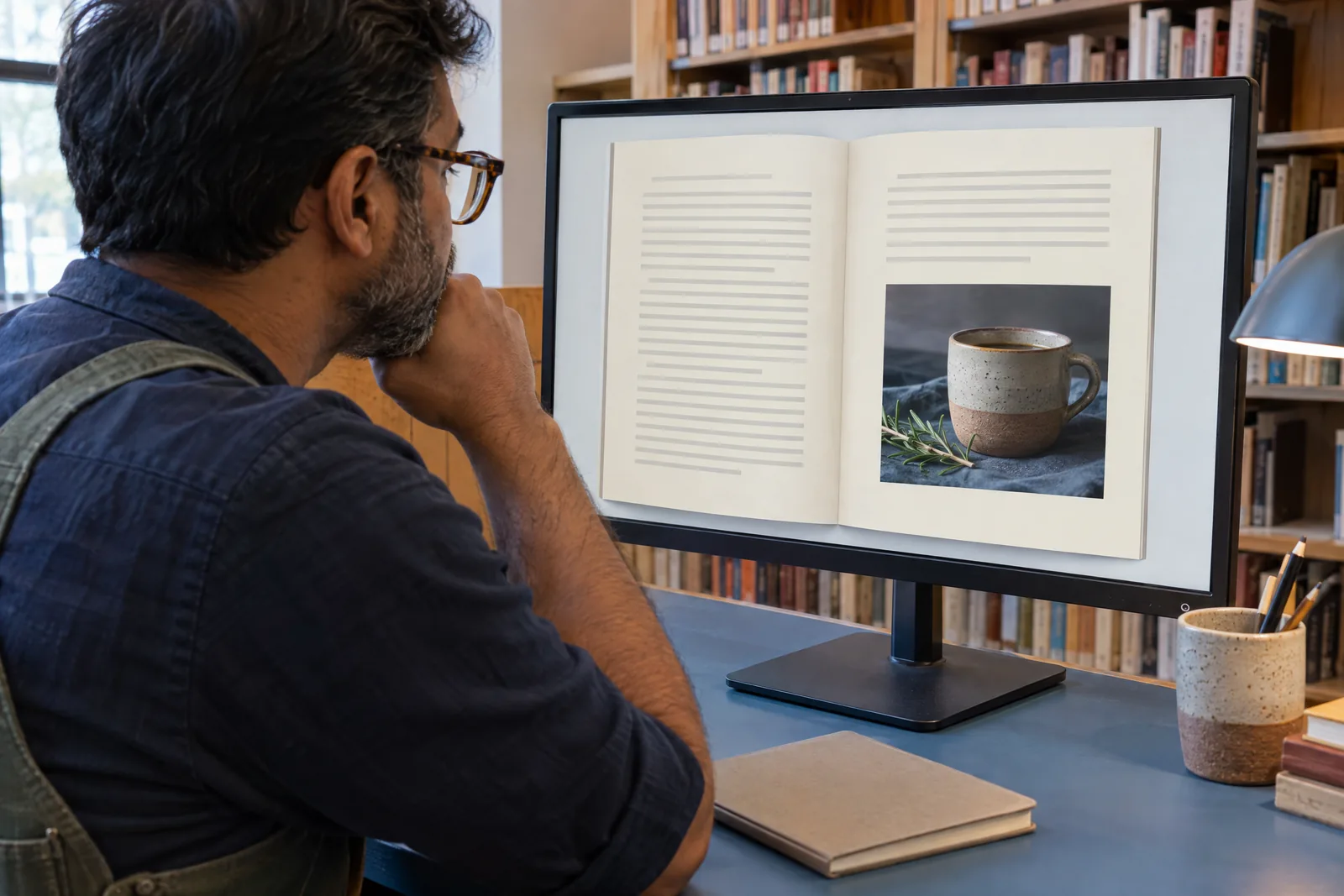 A south asian man in his forties with tortoiseshell glasses in a green canvas apron at a library carrel looks at a screen showing a book product for sale, with a sprig of rosemary beside them.