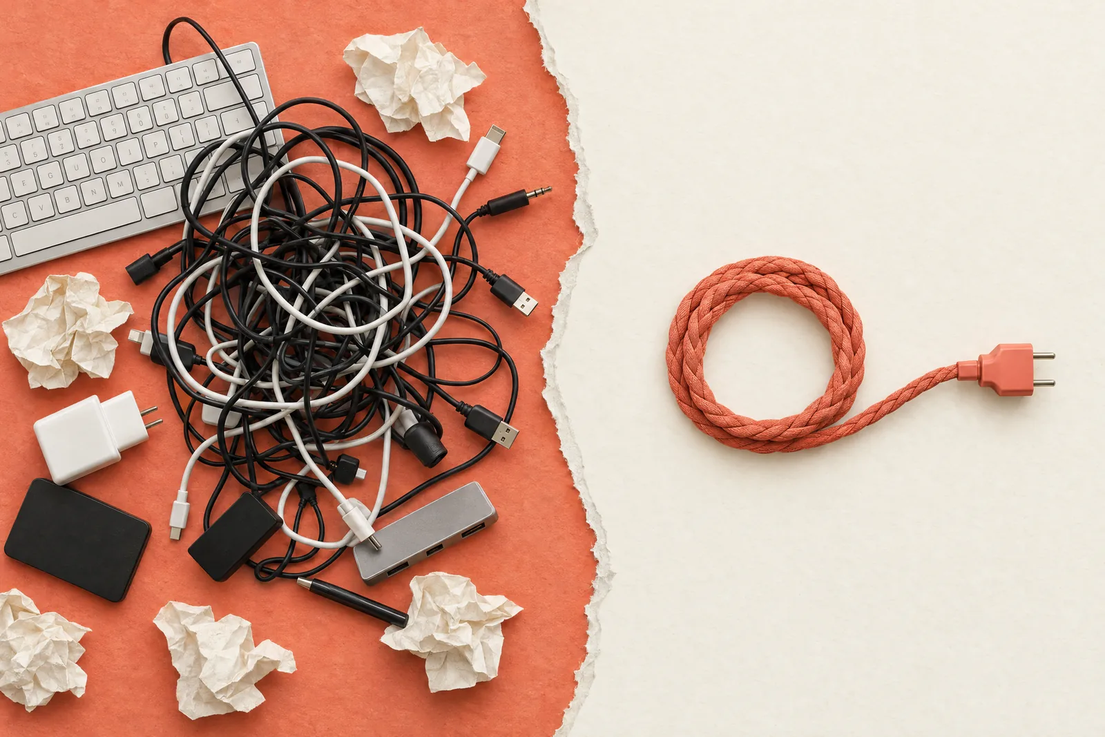 Torn-paper split: a tangle of separate cables and a keyboard on the left, one neat coiled coral cord on the right.