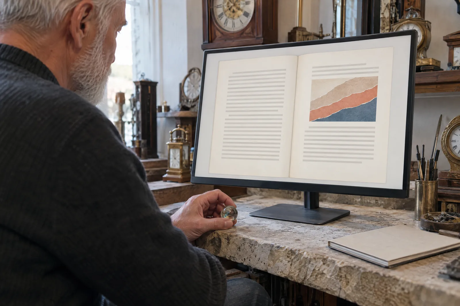 A man in his sixties with a close-cropped white beard in a charcoal sweater at a clock shop looks at a screen showing a book product for sale, with a glass marble beside them.