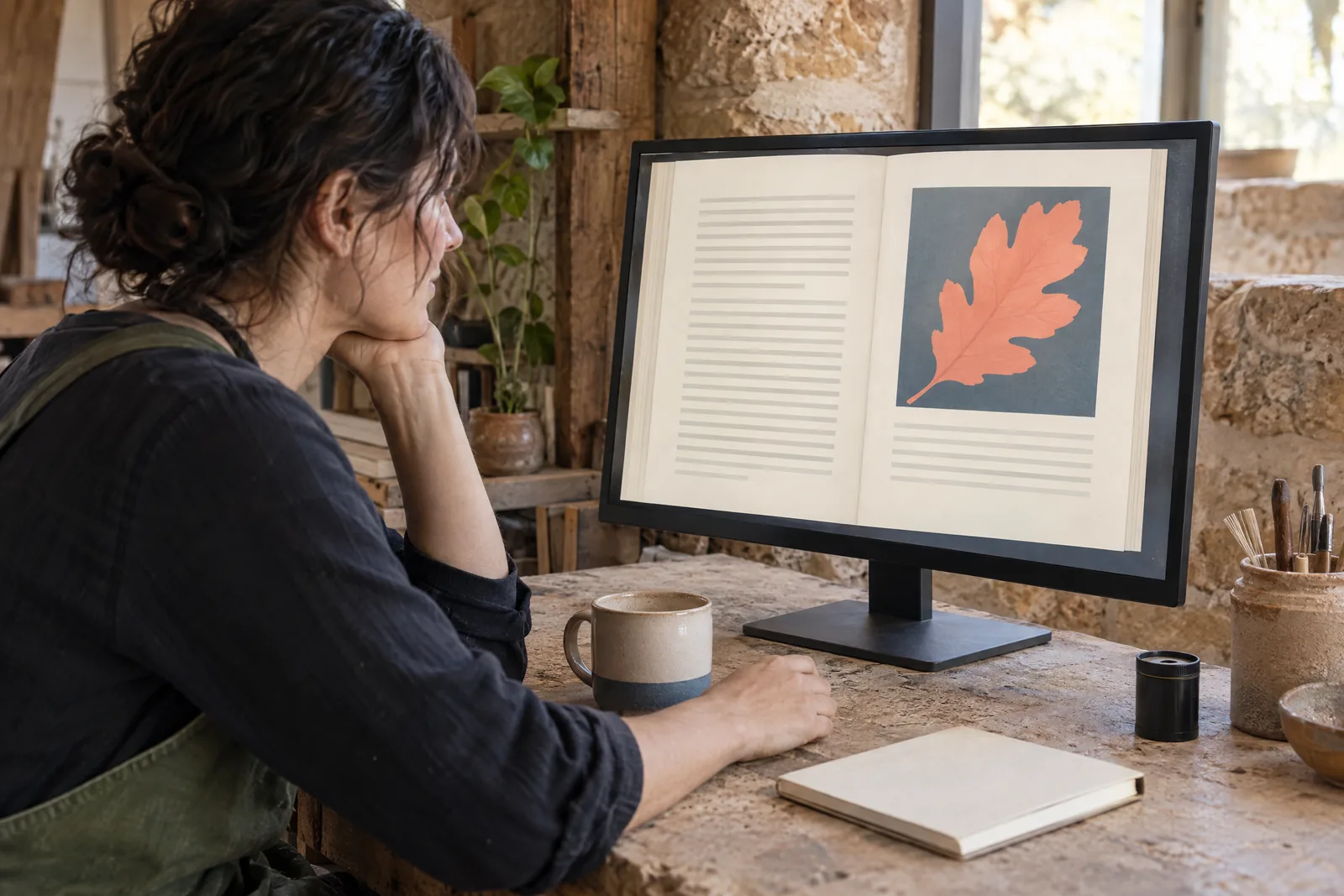 A woman in her thirties with dark wavy hair in a green canvas apron at a craft barn looks at a screen showing a book product for sale, with a black film canister beside them.