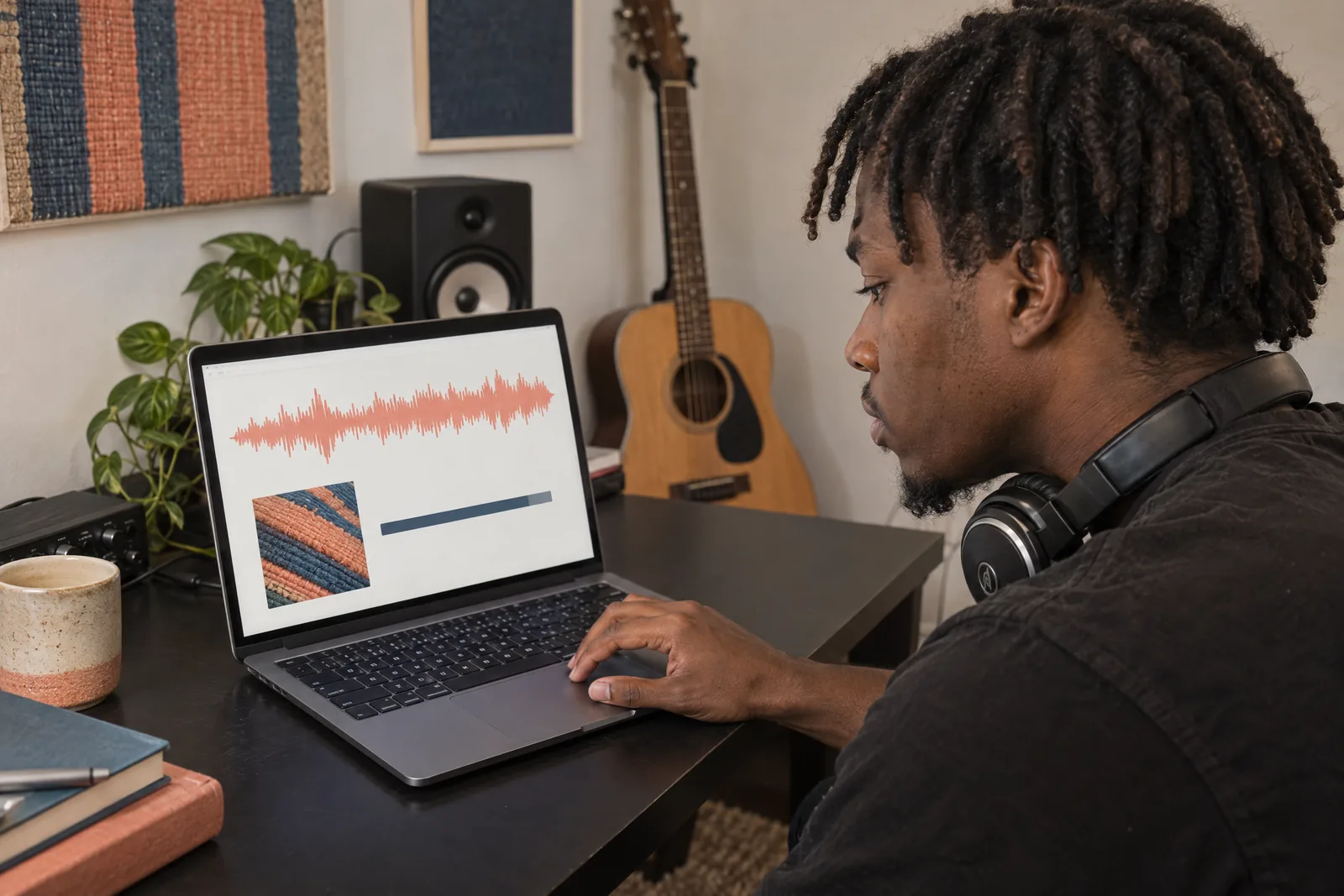 A musician with short locs at a home studio desk, seen from beside, with a laptop showing a single-track download card.