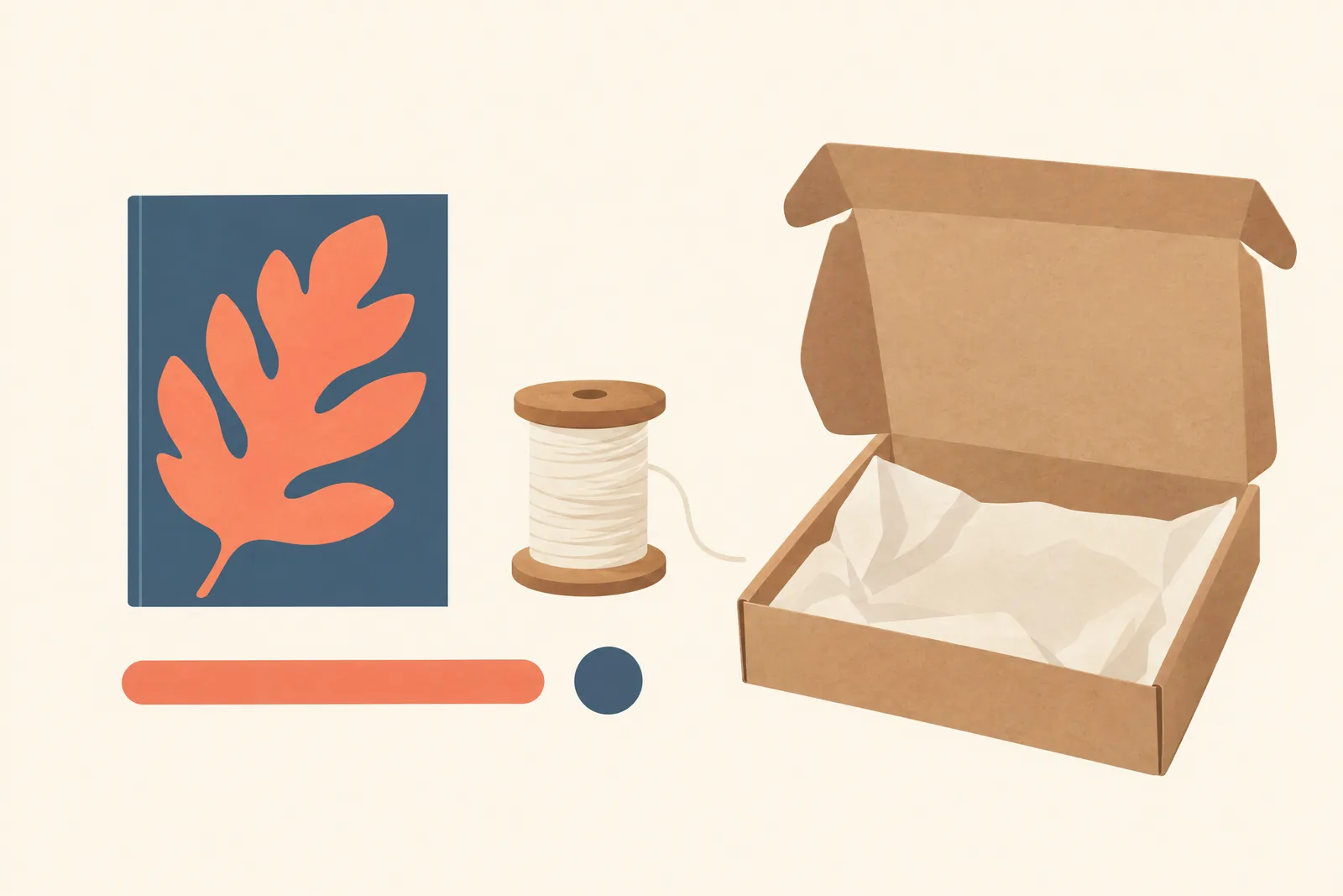 A cabin desk still life of a delivery product arranged with a wooden spool of cream thread, in coral, sand, slate, and cream.