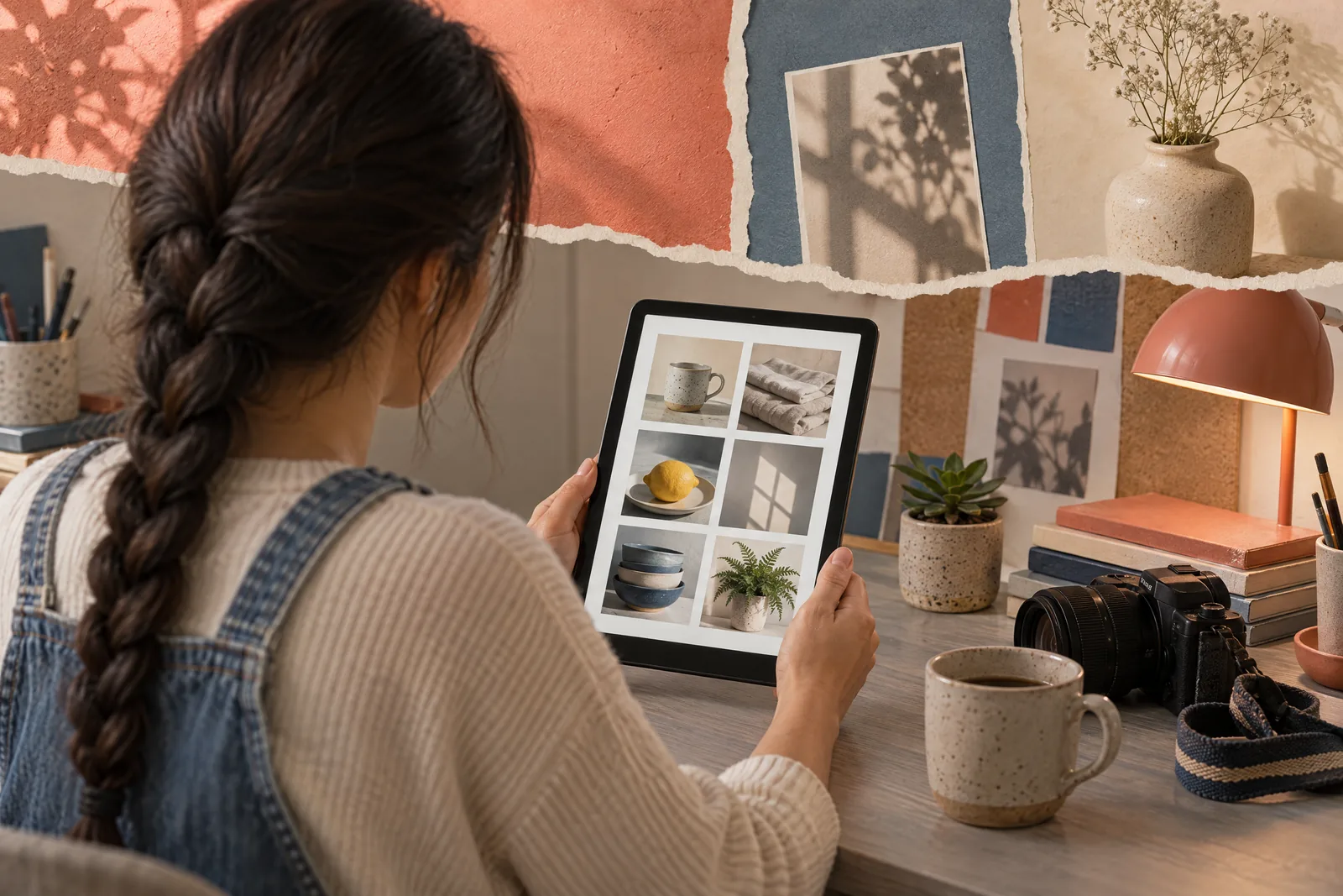 A woman in her twenties with a long dark braid in a denim overalls at a editing bay looks at a screen showing a photo product for sale, with a tiny succulent beside them.