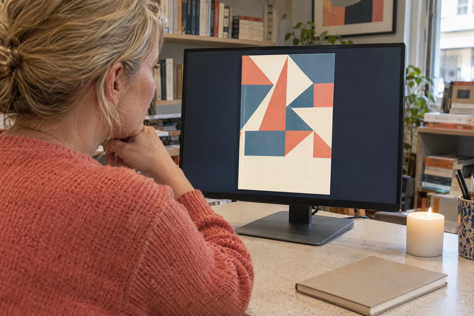 A woman in her forties with blonde hair tied back in a coral knit sweater at a bookstore office looks at a screen showing a ebook product for sale, with a short white candle beside them.