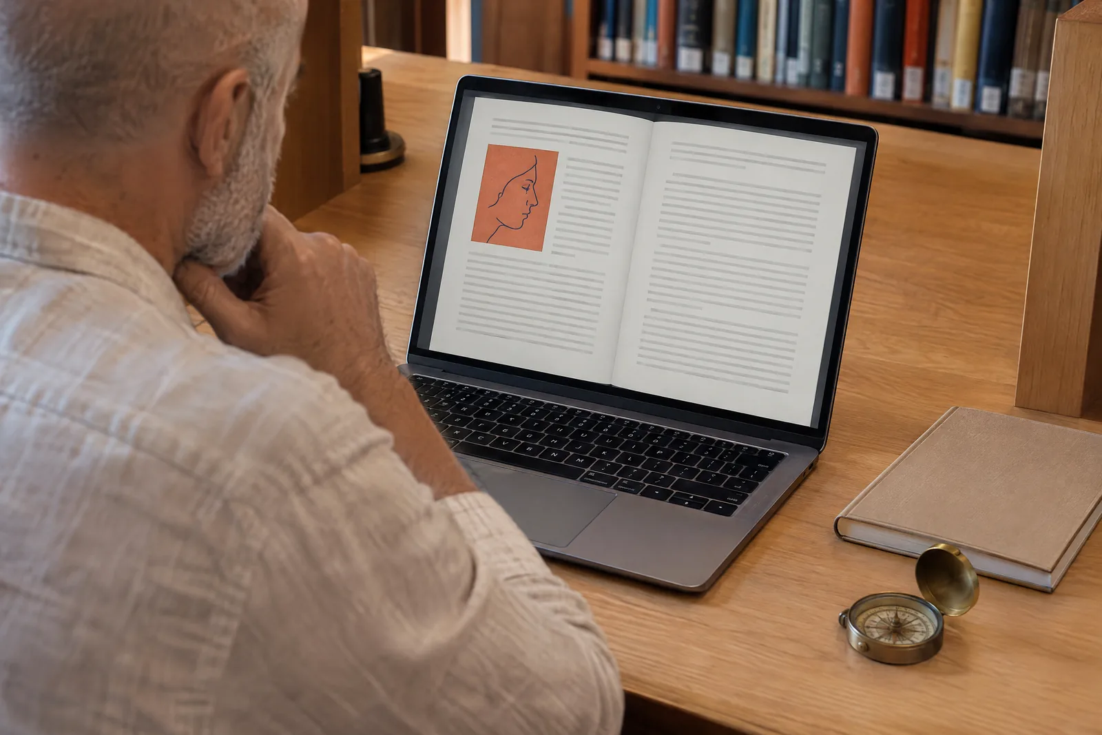 A bald man in his fifties with gray stubble in a cream linen shirt at a library carrel looks at a screen showing a book product for sale, with a brass compass beside them.
