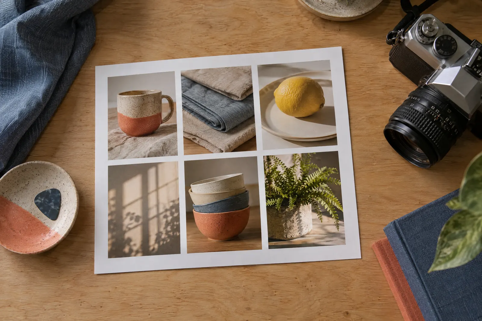 A hotel desk still life of a photo product arranged with a guitar pick, in coral, sand, slate, and cream.