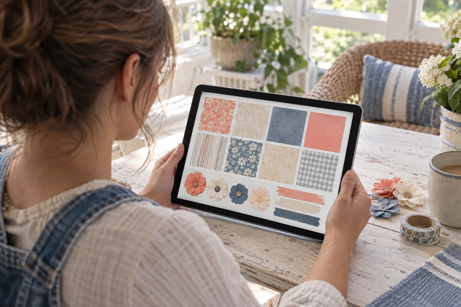 Over-the-shoulder view of a woman in denim overalls holding a tablet that shows a digital scrapbooking kit.