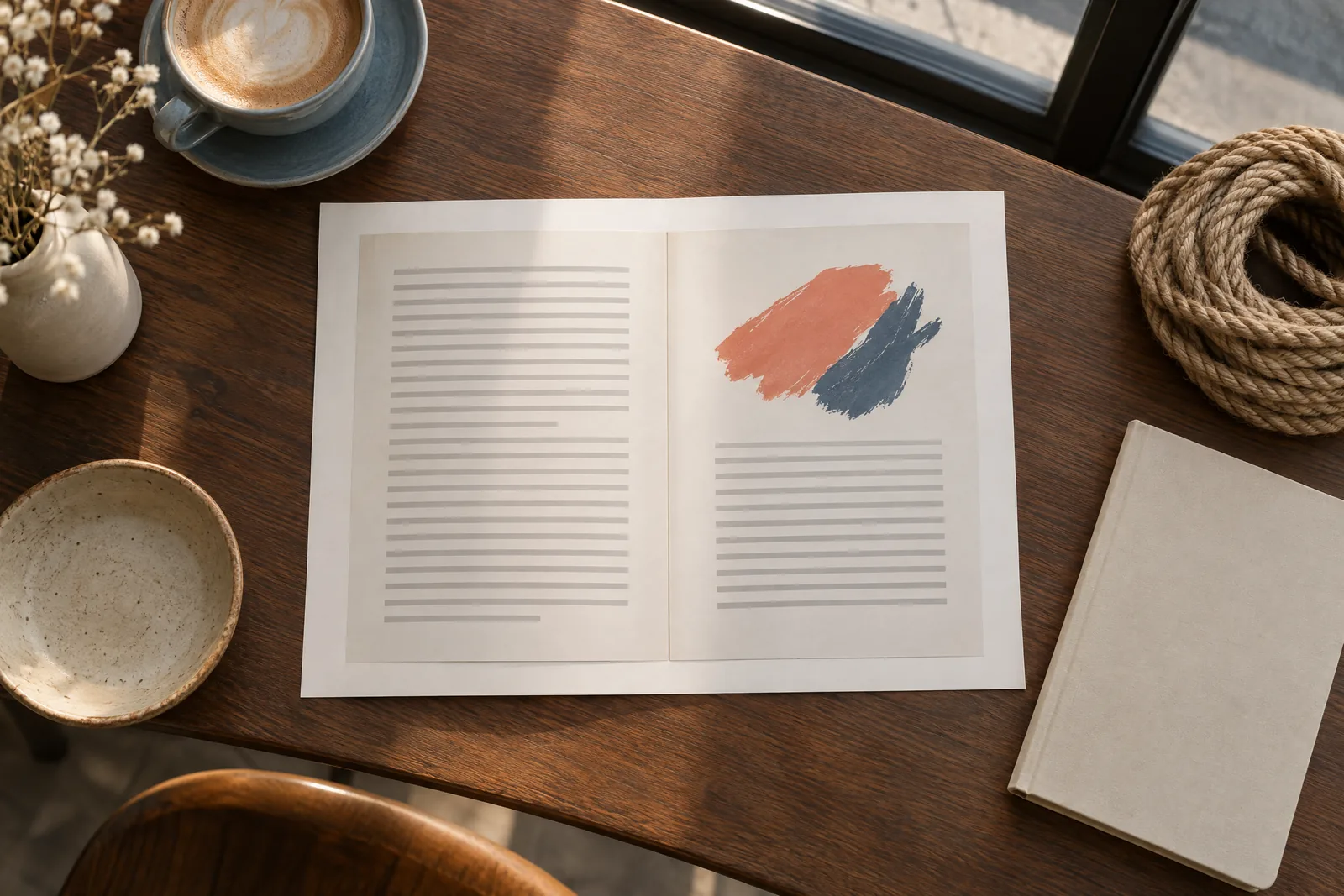 A cafe window still life of a book product arranged with a coil of natural rope, in coral, sand, slate, and cream.