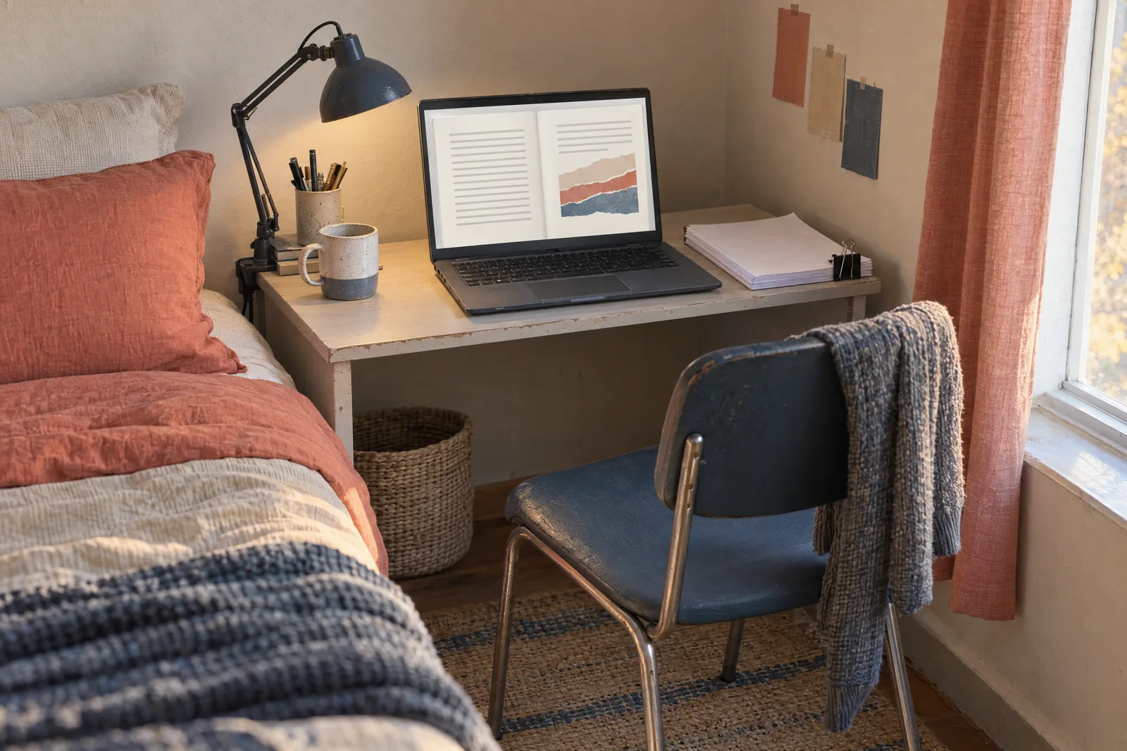 Budget workspace in a bedroom corner: a worn laptop showing an open ebook spread on a laminate desk with a clip lamp and mismatched chair.