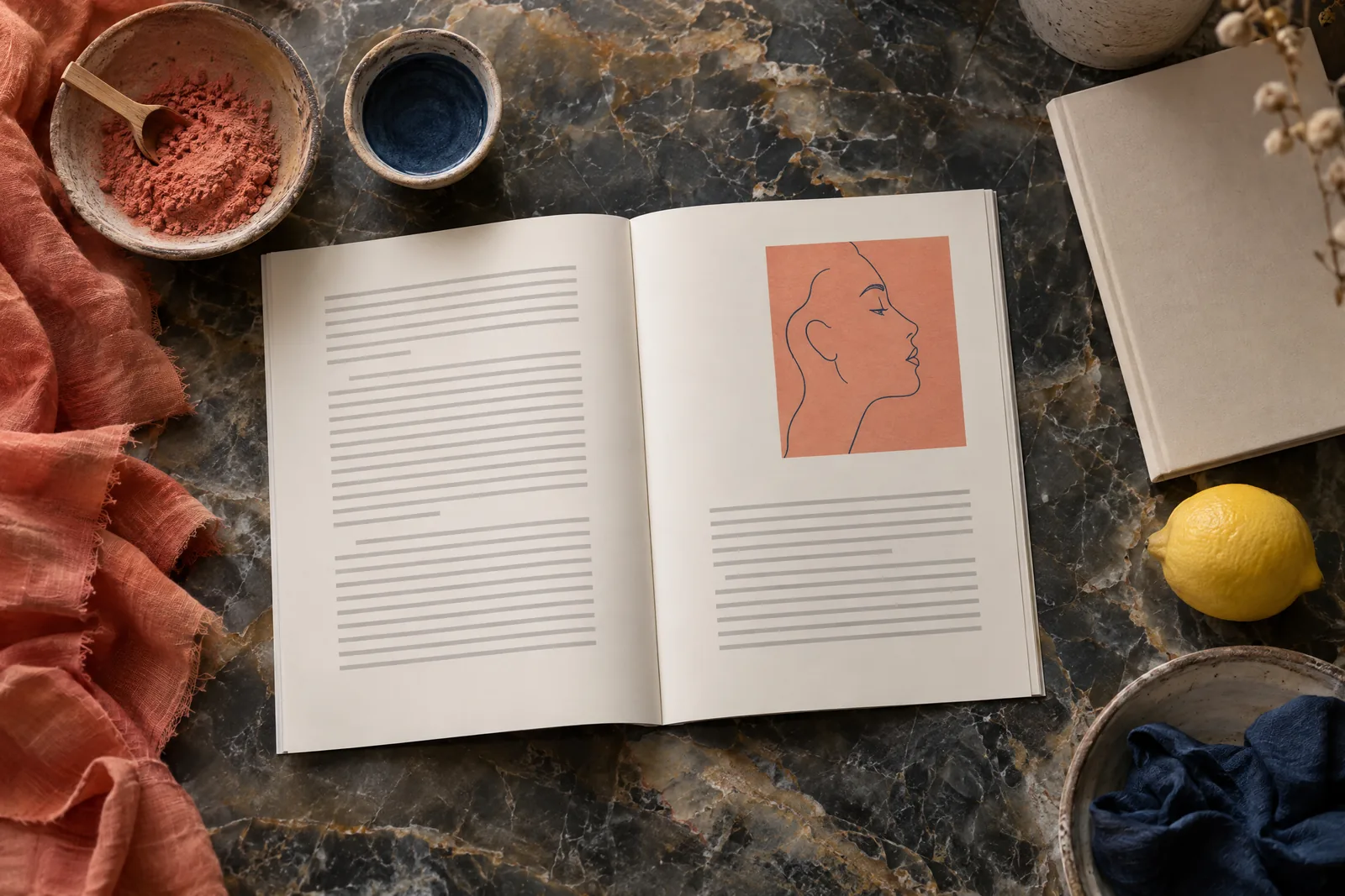A dye studio still life of a book product arranged with a lemon, in coral, sand, slate, and cream.