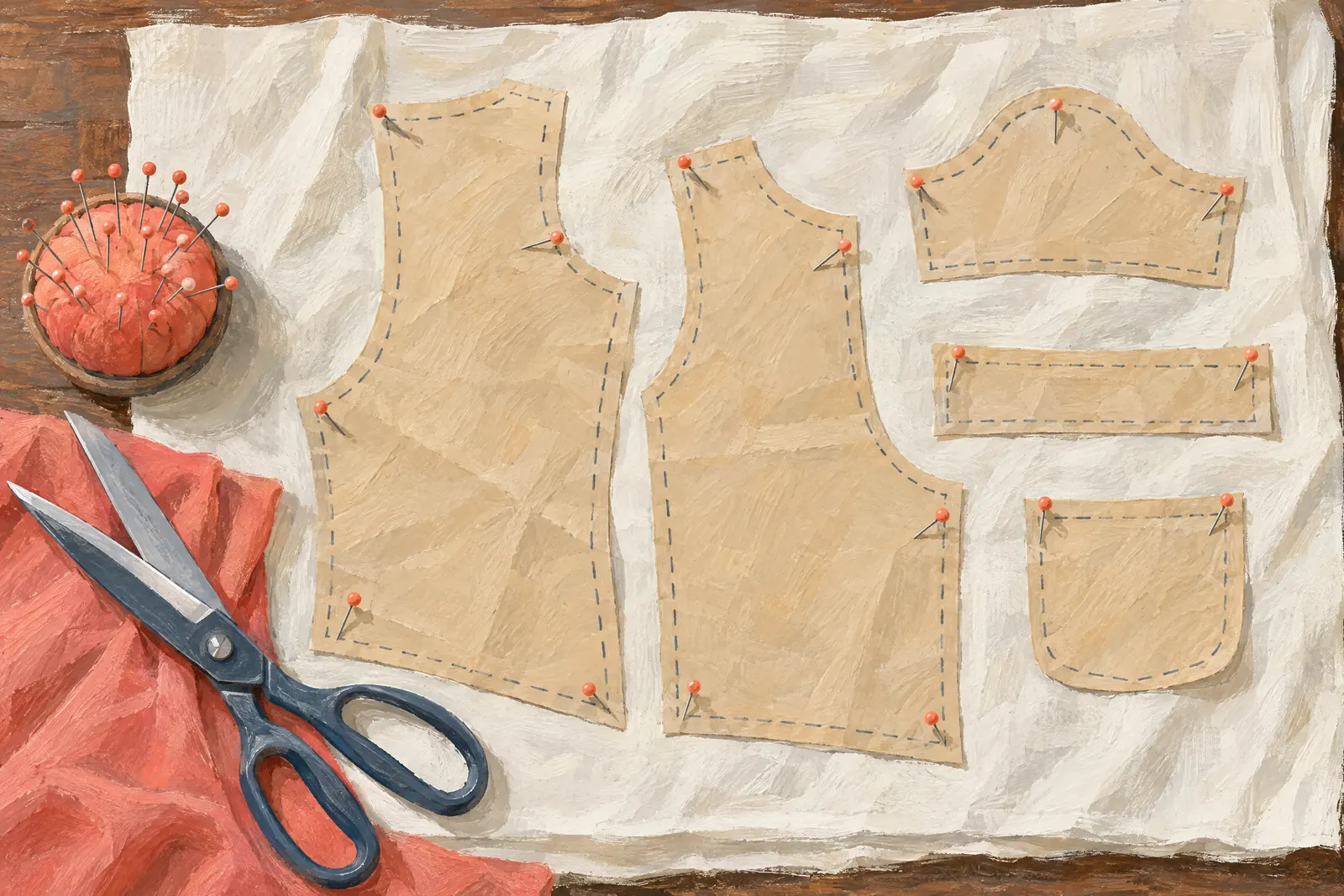 Gouache illustration from above of tissue sewing pattern pieces pinned to cream fabric, with a coral pin cushion and shears.