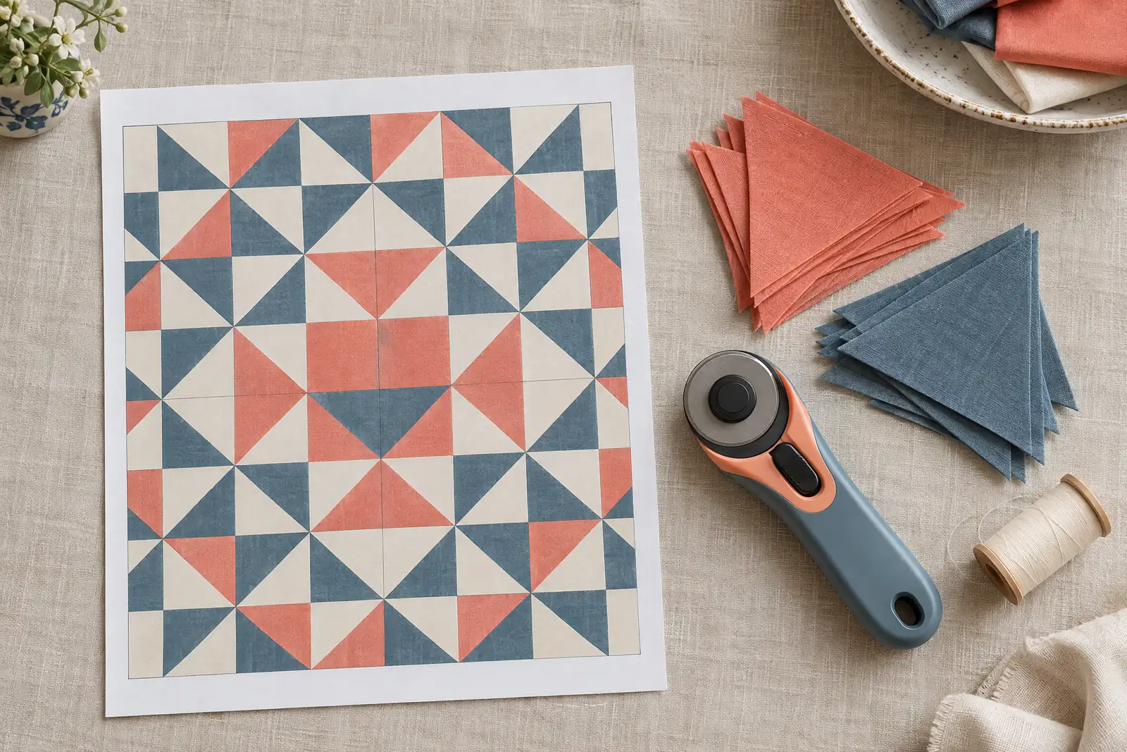 Overhead still life of a printed quilt pattern on linen, with matching cut fabric triangles and a rotary cutter.