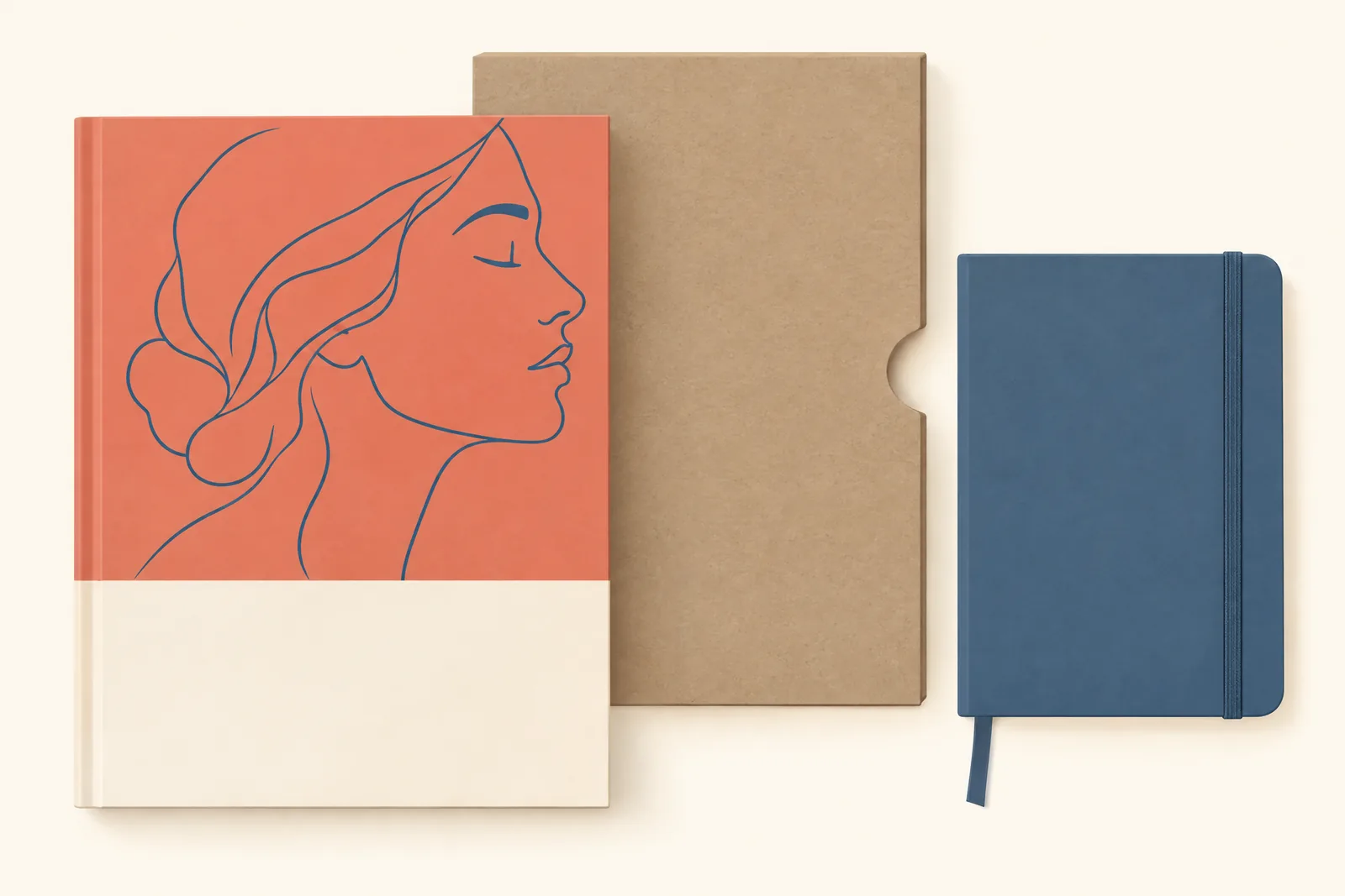 A writing cabin still life of a ebook product arranged with a flat kraft sleeve, in coral, sand, slate, and cream.