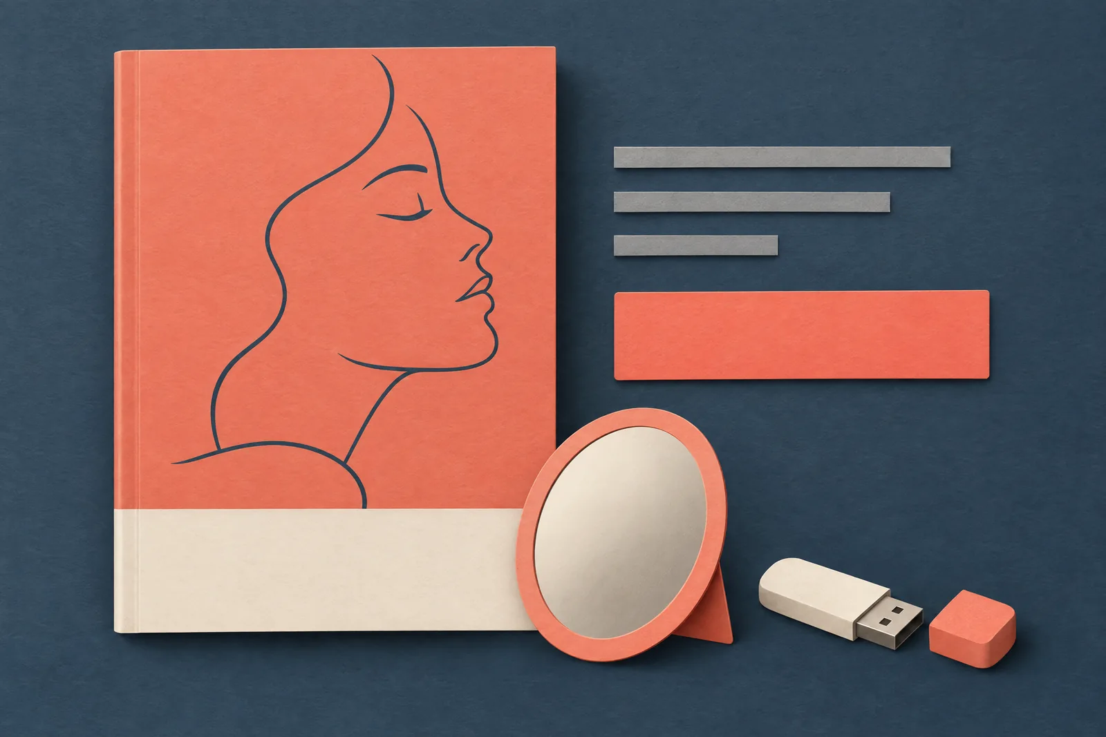 A sewing room still life of a software product arranged with a small round mirror, in coral, sand, slate, and cream.