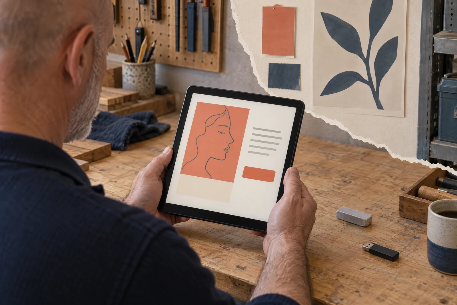 A bald man in his fifties with gray stubble in a navy knit polo at a garage workshop looks at a screen showing a software product for sale, with a gray eraser beside them.