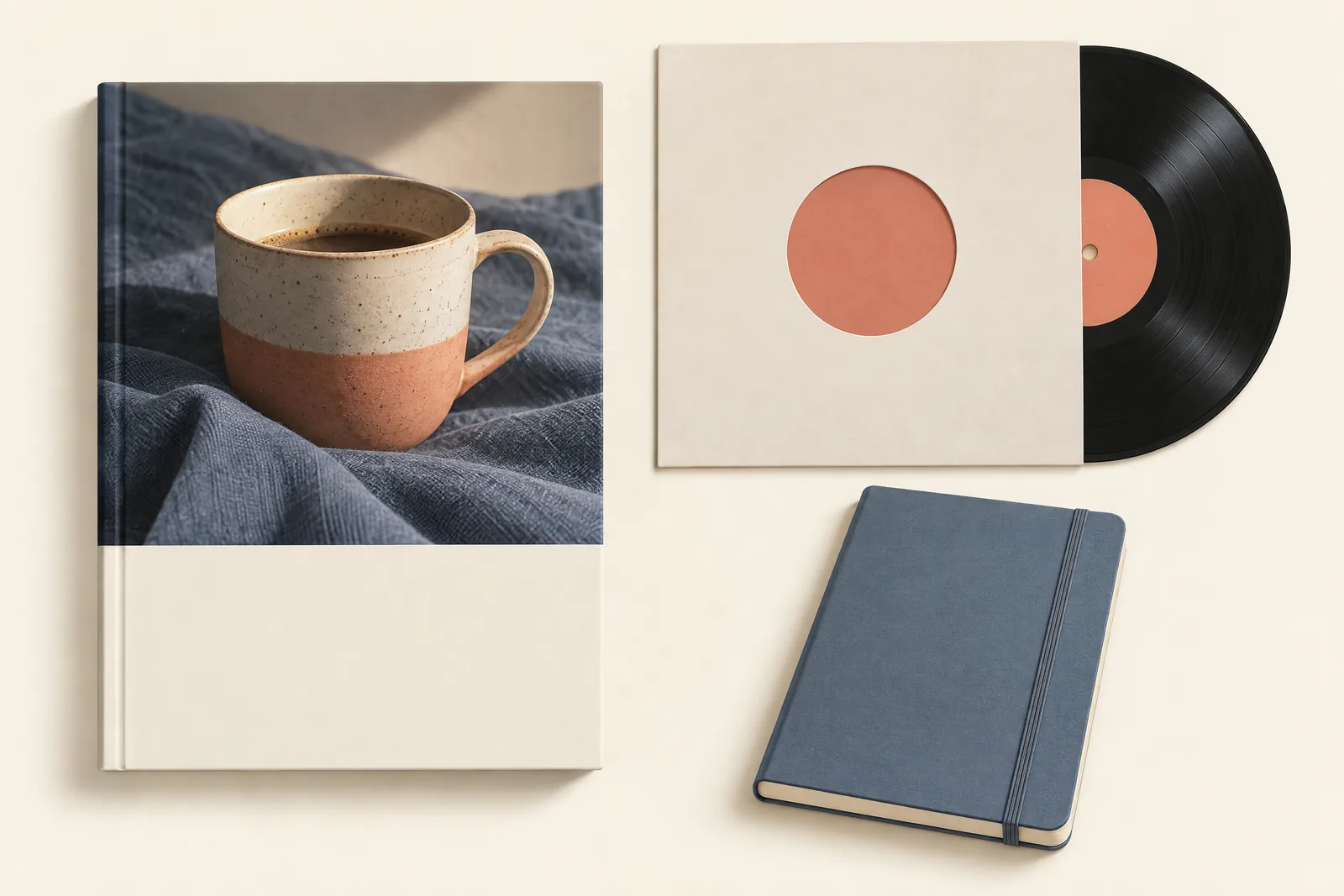 A train compartment still life of a ebook product arranged with a blank vinyl sleeve, in coral, sand, slate, and cream.