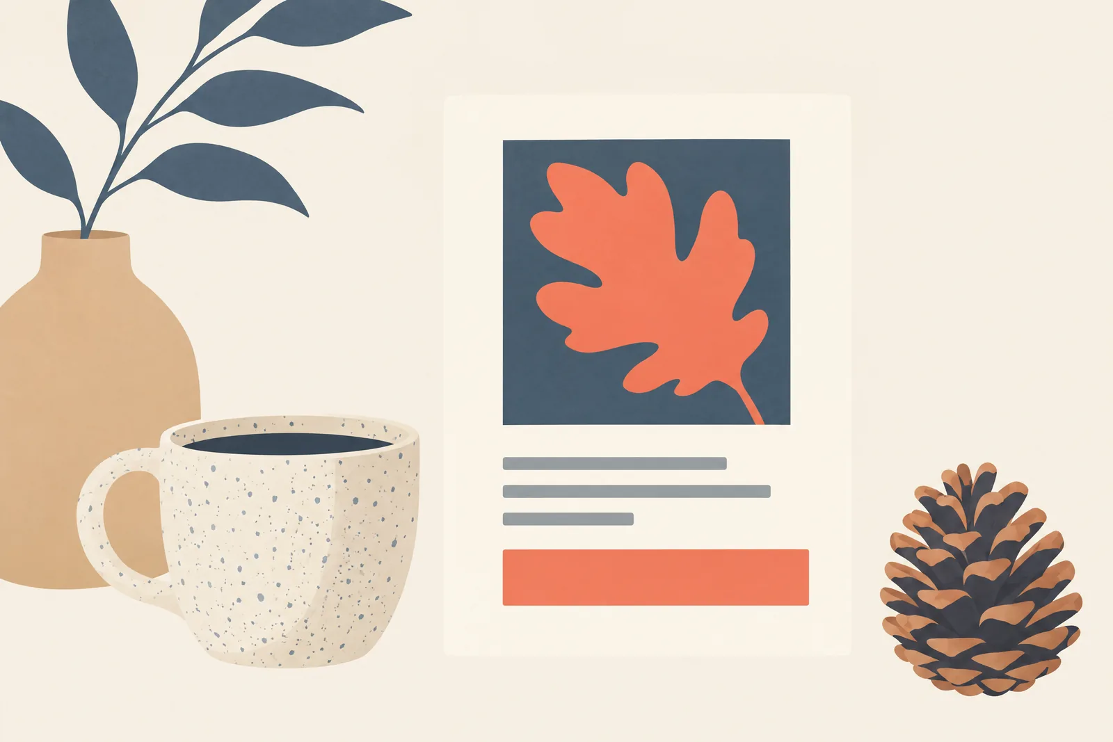 A schoolroom desk still life of a general product arranged with a pinecone, in coral, sand, slate, and cream.