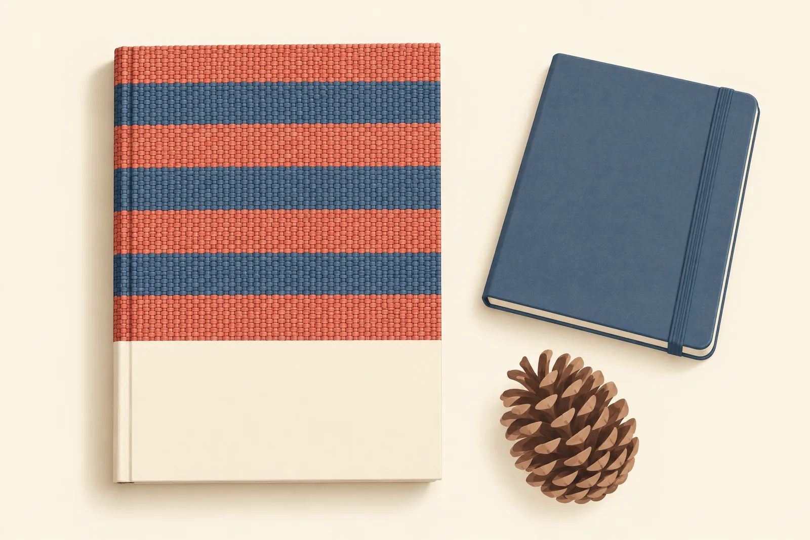 A glass balcony still life of a ebook product arranged with a pinecone, in coral, sand, slate, and cream.