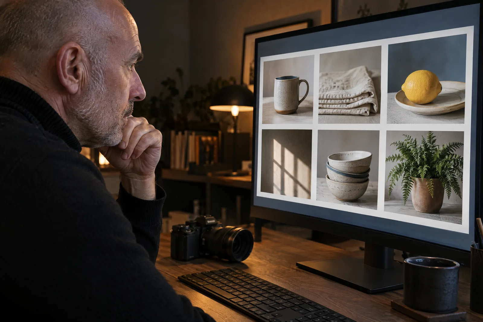 A bald photographer in a black turtleneck, seen from beside, at a monitor showing a grid of his still-life photos.