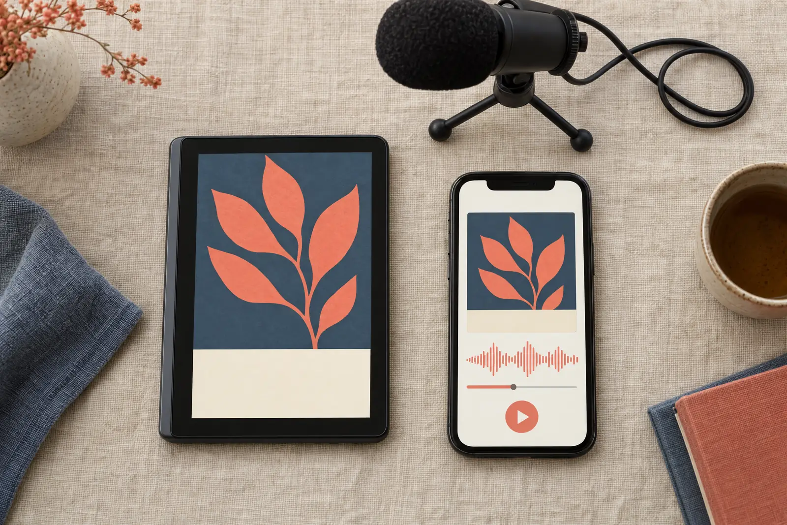 Overhead view of an e-reader and a phone showing the same book, the phone as an audiobook player, beside a USB microphone on linen.