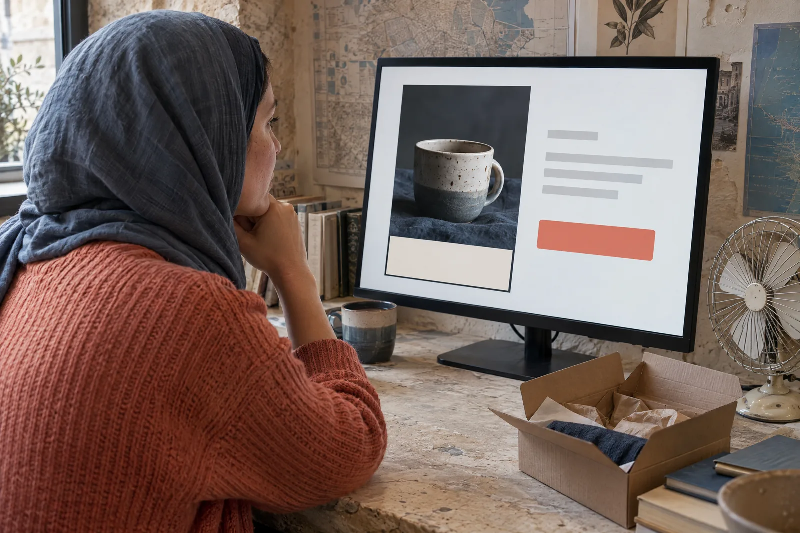 A woman in her thirties wearing a headscarf in a coral knit sweater at a map room looks at a screen showing a delivery product for sale, with a paper fan beside them.