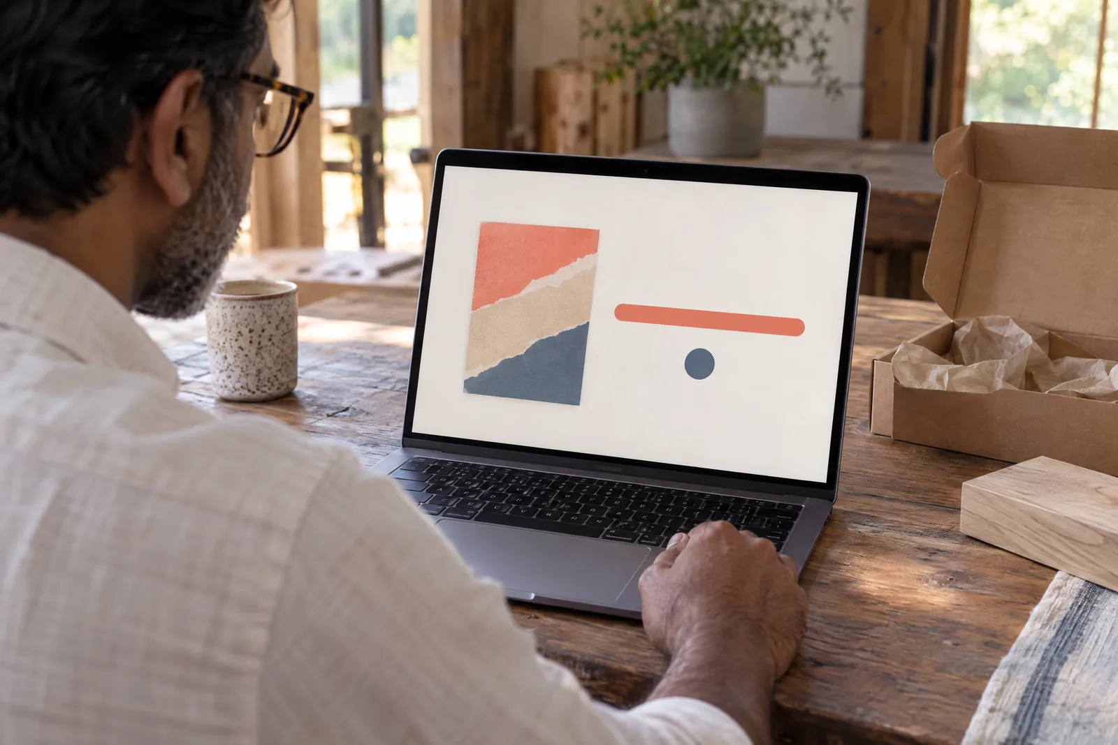 A south asian man in his forties with tortoiseshell glasses in a cream linen shirt at a craft barn looks at a screen showing a delivery product for sale, with a pale wooden block beside them.