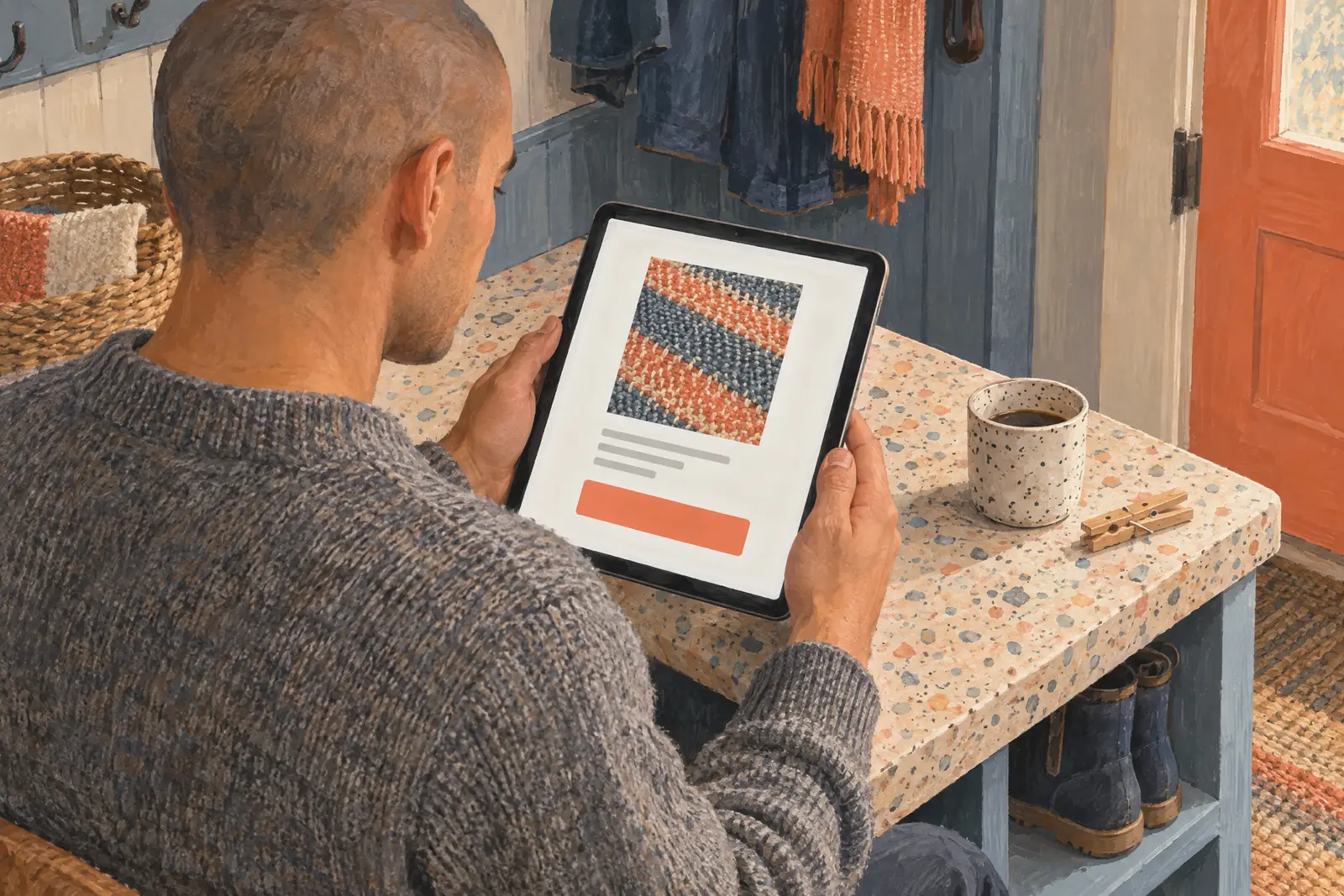 A man in his twenties with a shaved head in a heather gray wool sweater at a mudroom bench looks at a screen showing a general product for sale, with a wooden clothespin beside them.