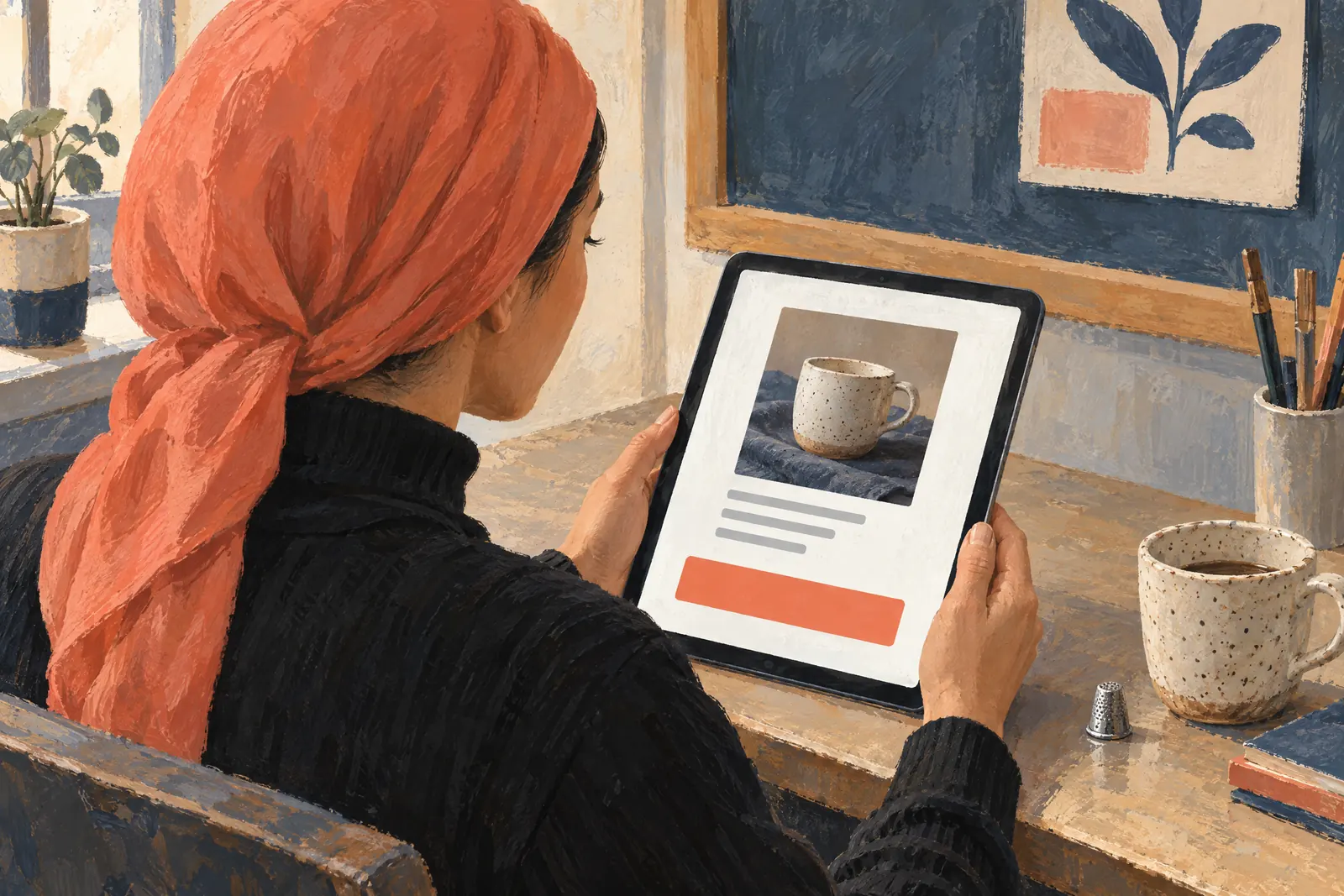 A woman in her thirties wearing a headscarf in a black turtleneck at a schoolroom desk looks at a screen showing a general product for sale, with a metal thimble beside them.