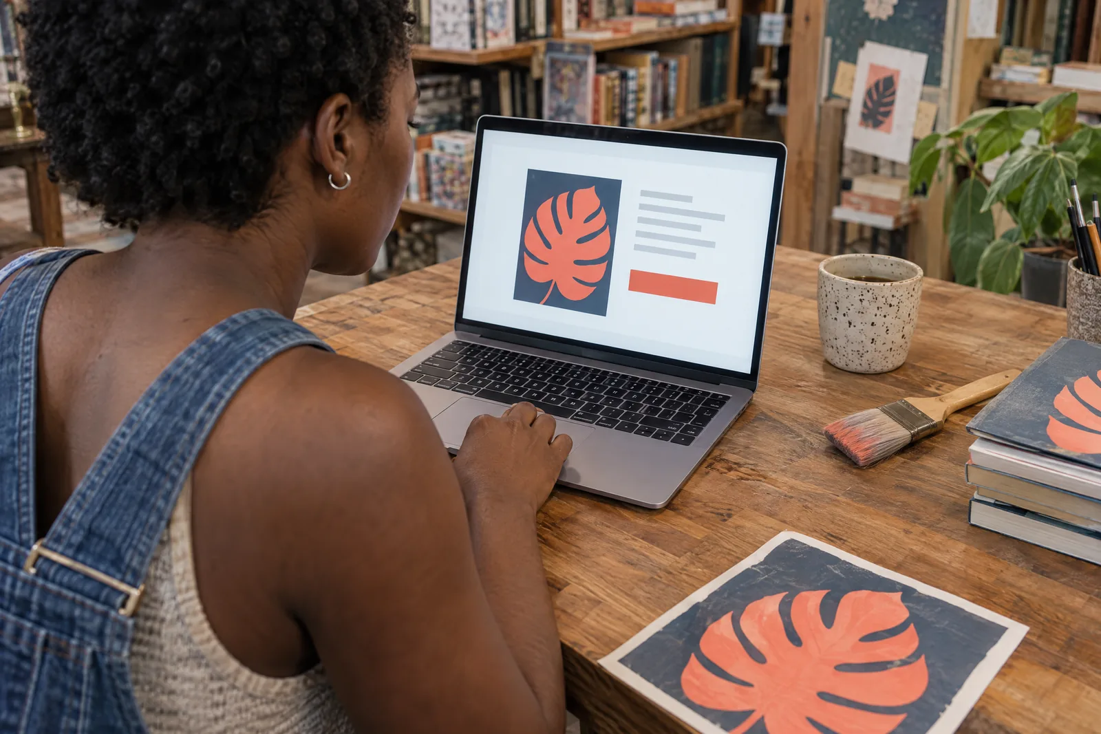 A black woman in her twenties with short natural hair in a denim overalls at a bookstore office looks at a screen showing a general product for sale, with a wide paintbrush beside them.