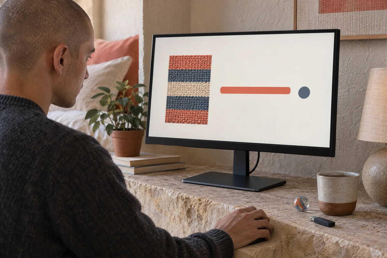 A man in his twenties with a shaved head in a charcoal sweater at a guest room looks at a screen showing a software product for sale, with a glass marble beside them.