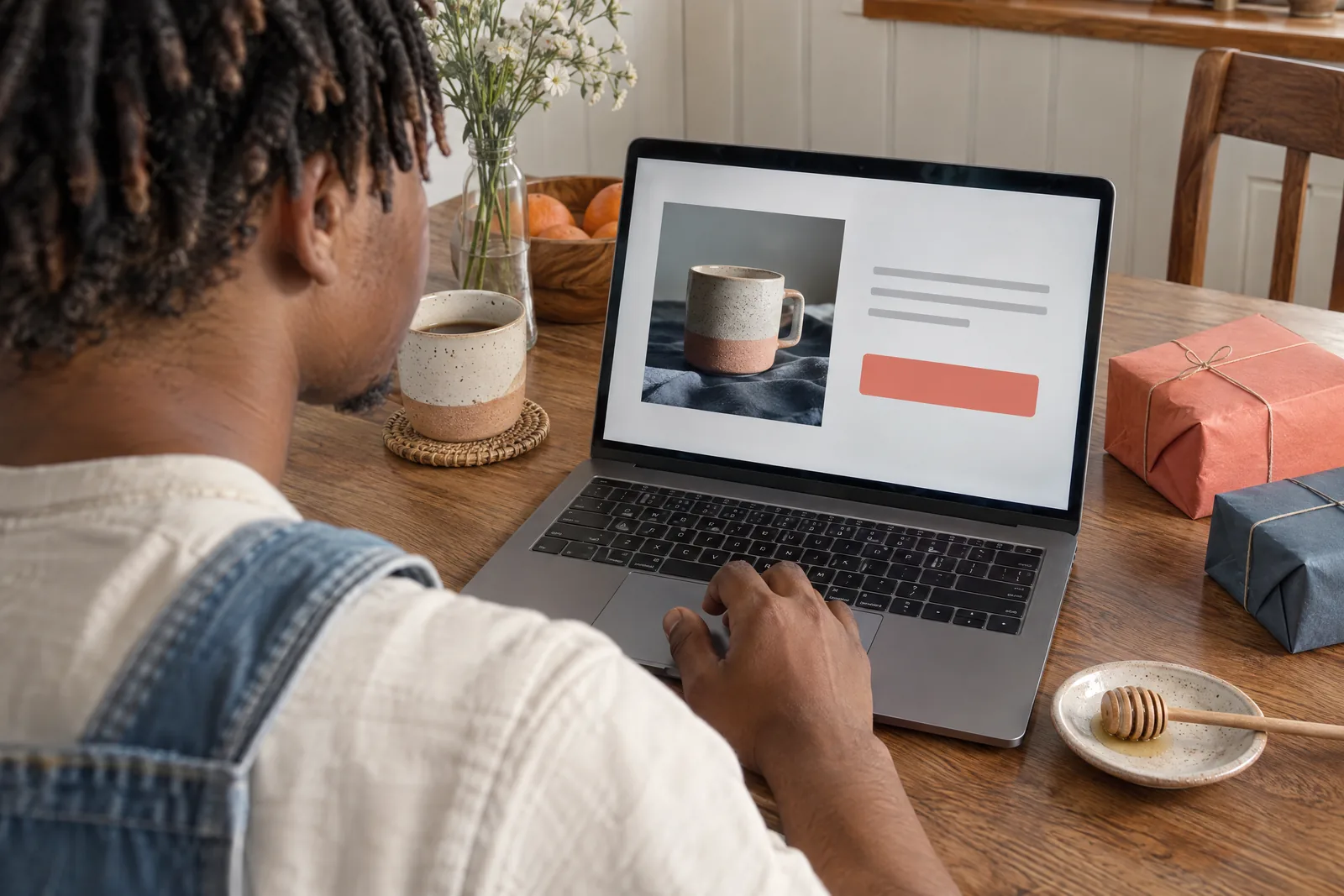 A young man with short locs in a denim overalls at a kitchen nook looks at a screen showing a compare product for sale, with a honey dipper beside them.