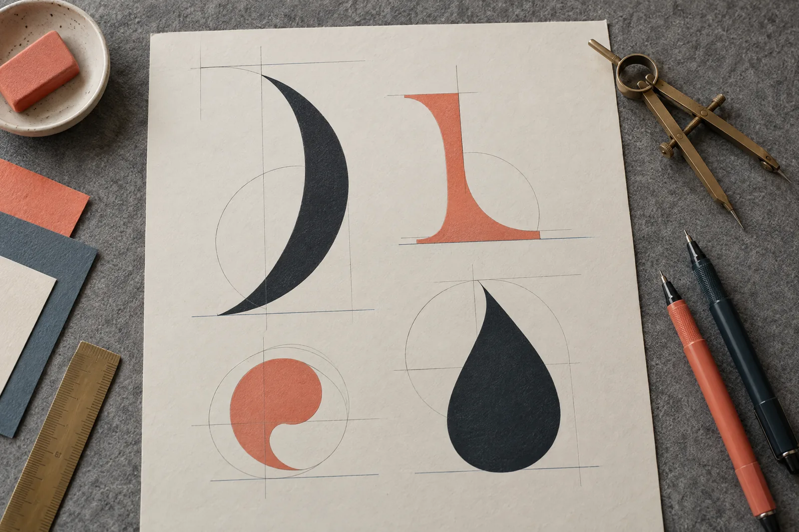 Overhead still life of a type design proof showing curved strokes, serifs, and terminals on guide lines, with technical pens and a compass.