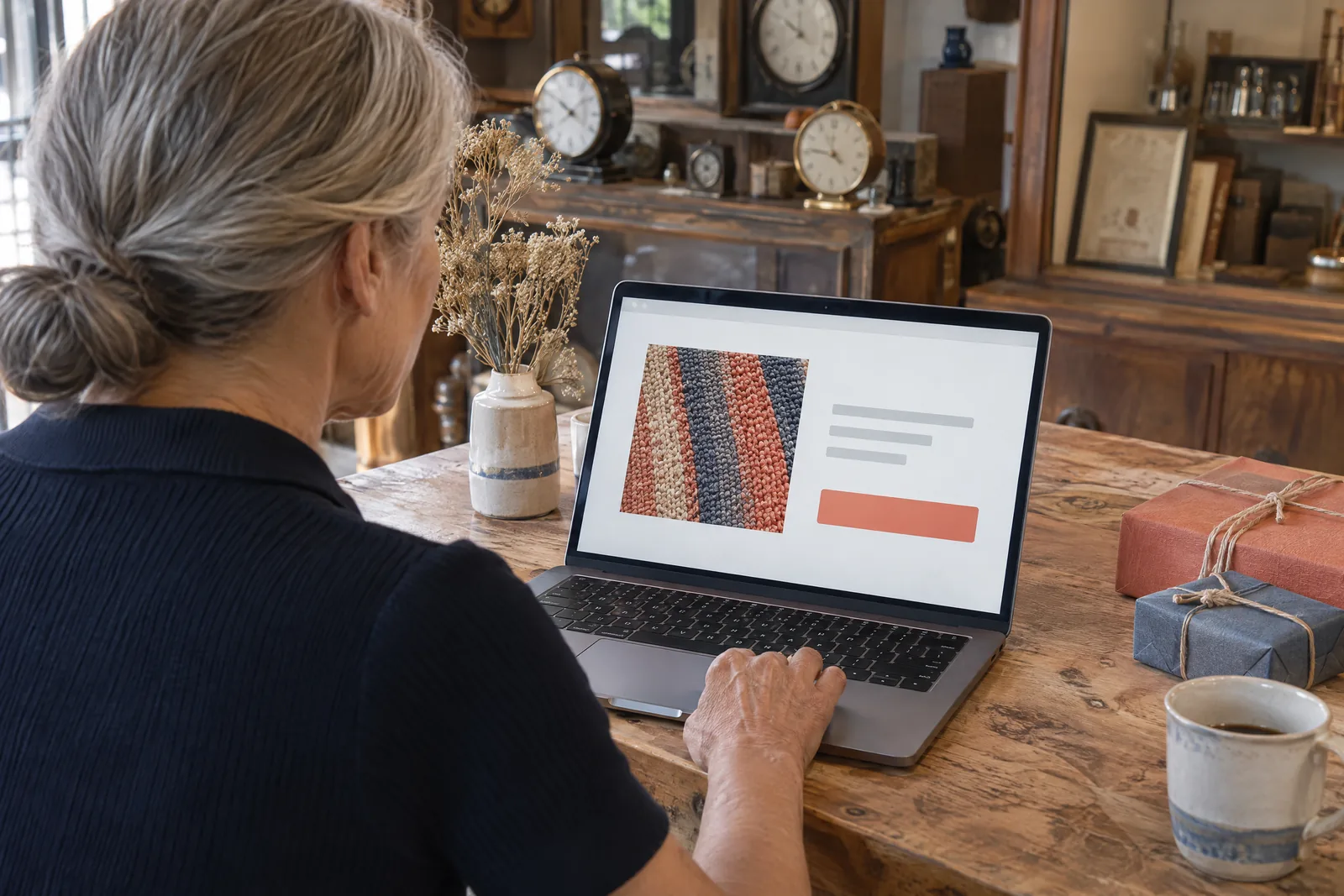A woman in her fifties with silver hair in a low bun in a navy knit polo at a clock shop looks at a screen showing a compare product for sale, with a dried flower beside them.