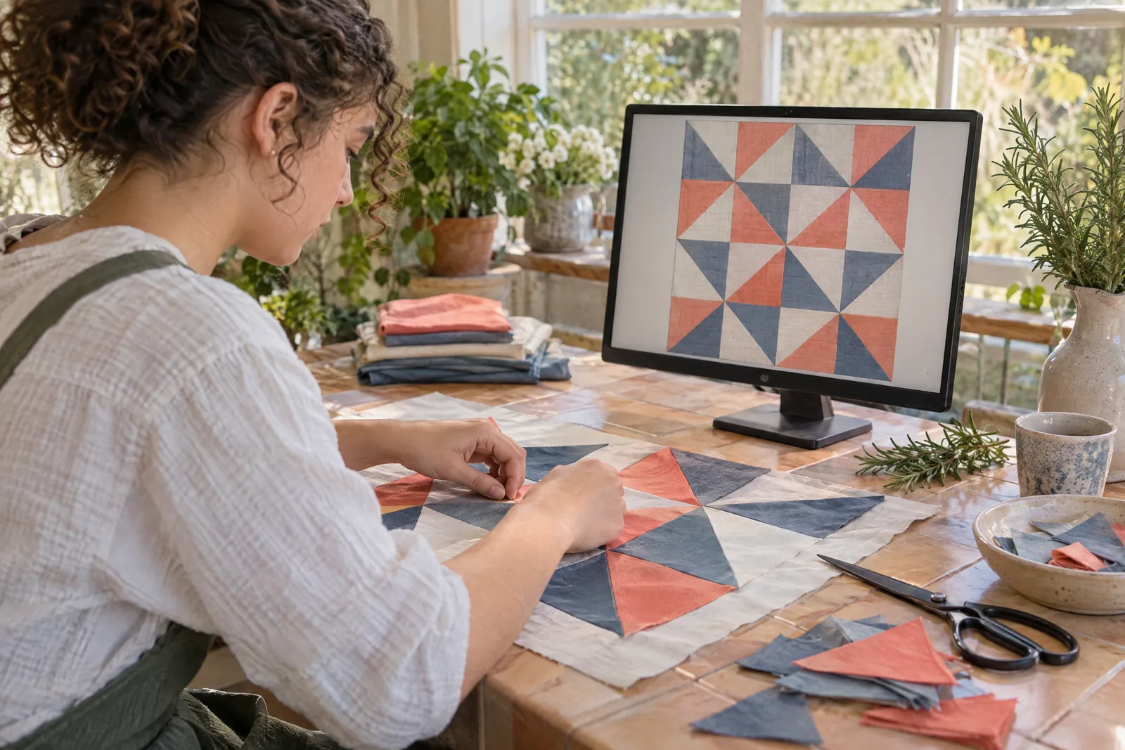 A teenager with curly hair in a green canvas apron at a sunroom looks at a screen showing a craft product for sale, with a sprig of rosemary beside them.