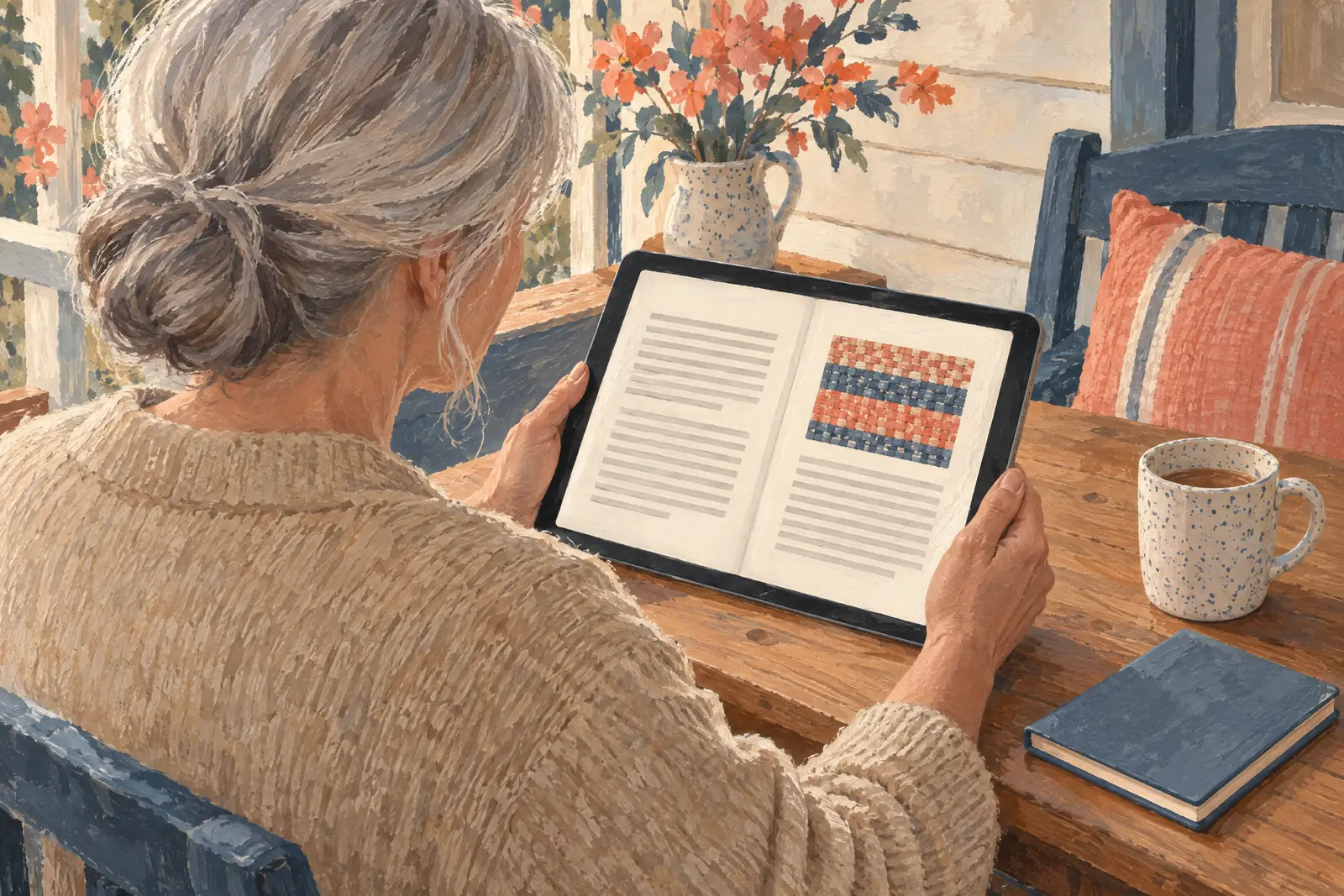 A woman in her fifties with silver hair in a low bun in a sand cardigan at a covered porch looks at a screen showing a book product for sale, with a speckled ceramic cup beside them.