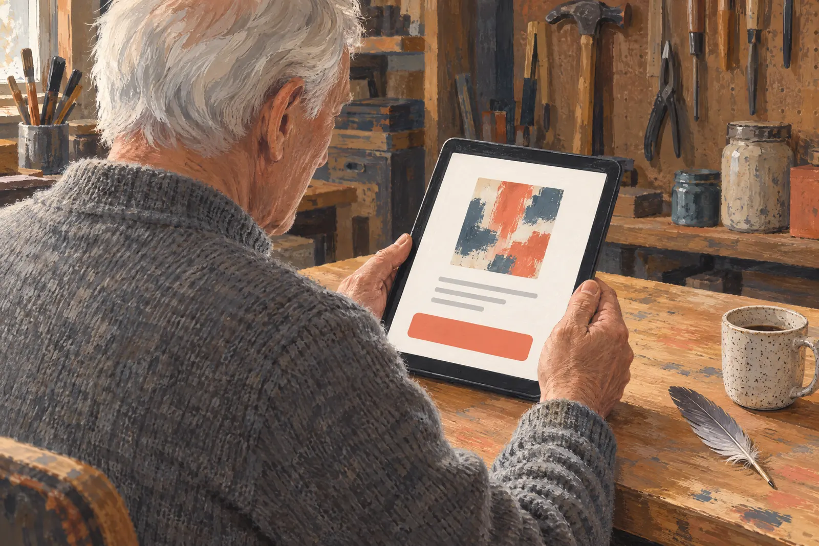 A man in his seventies with white hair in a heather gray wool sweater at a garage workshop looks at a screen showing a general product for sale, with a gray feather beside them.