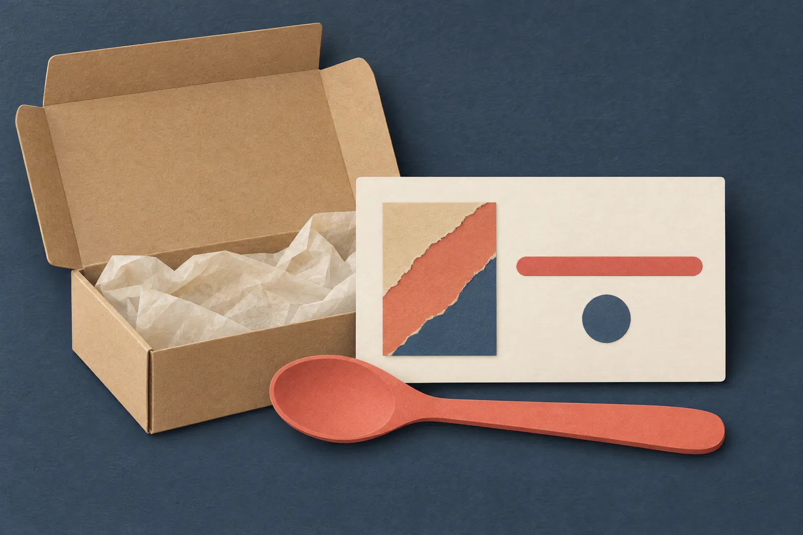 A garage workshop still life of a delivery product arranged with a wooden spoon, in coral, sand, slate, and cream.